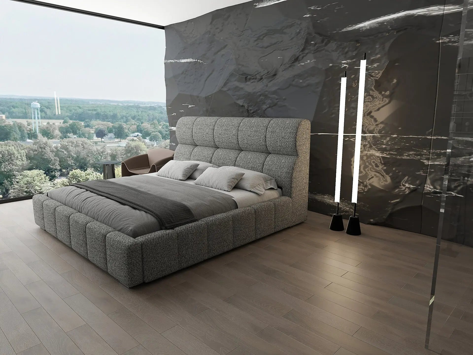 Pat dormitor dumonde, tapitat grey, Prestige 180x200 cm, somiera rabatabila inclusa, spatiu depozitare