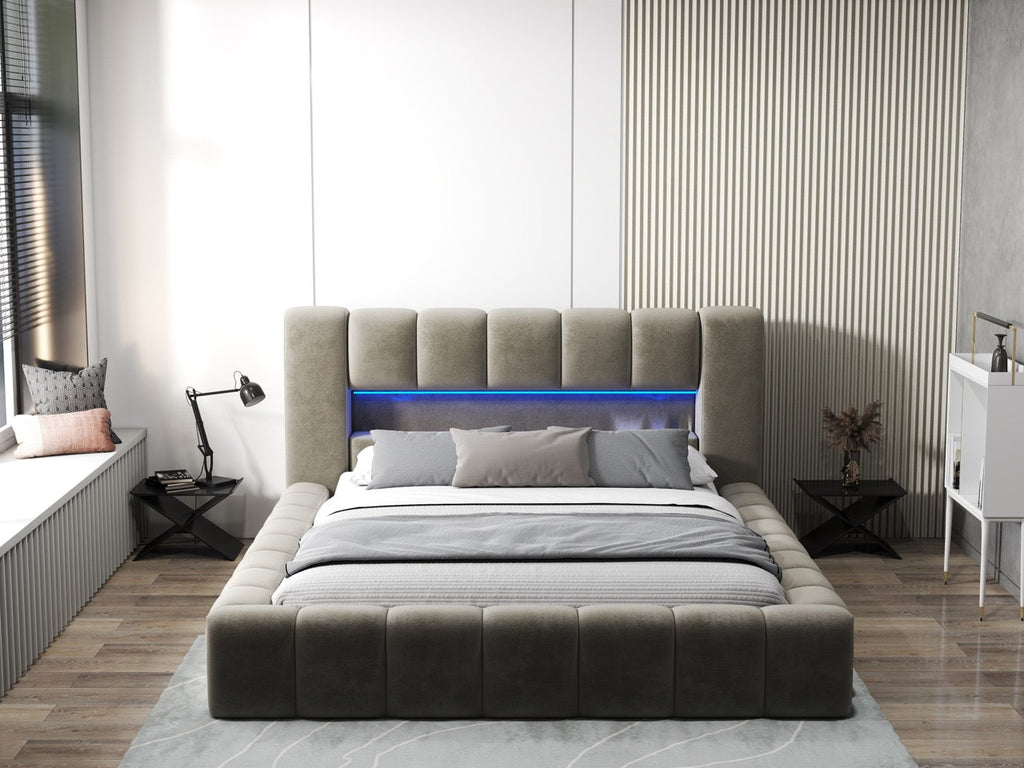 Pat dormitor dumonde, tapitat bej cu LED si USB, Palermo 160x200 cm, somiera rabatabila inclusa, spatiu depozitare