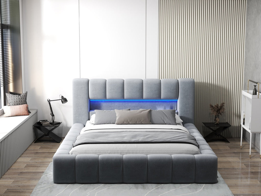 Pat dormitor dumonde, tapitat gri cu LED si USB, Palermo 160x200 cm, somiera rabatabila inclusa, spatiu depozitare