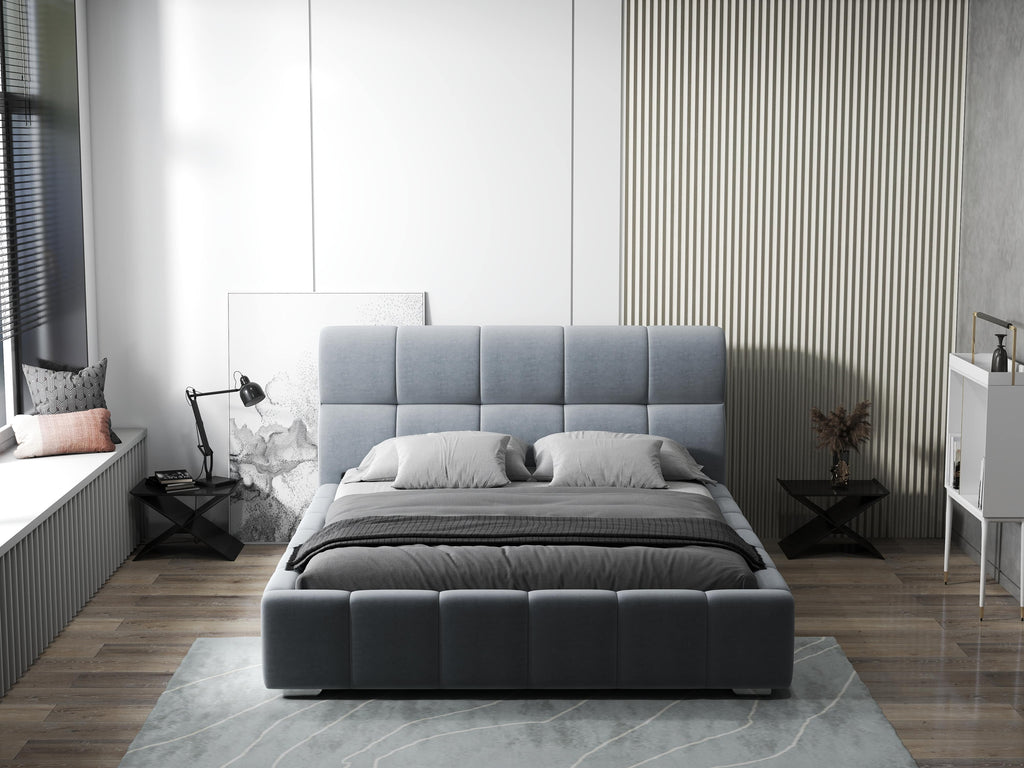 Pat dormitor dumonde, tapitat gri, Prestige 160x200 cm, somiera rabatabila inclusa, spatiu depozitare