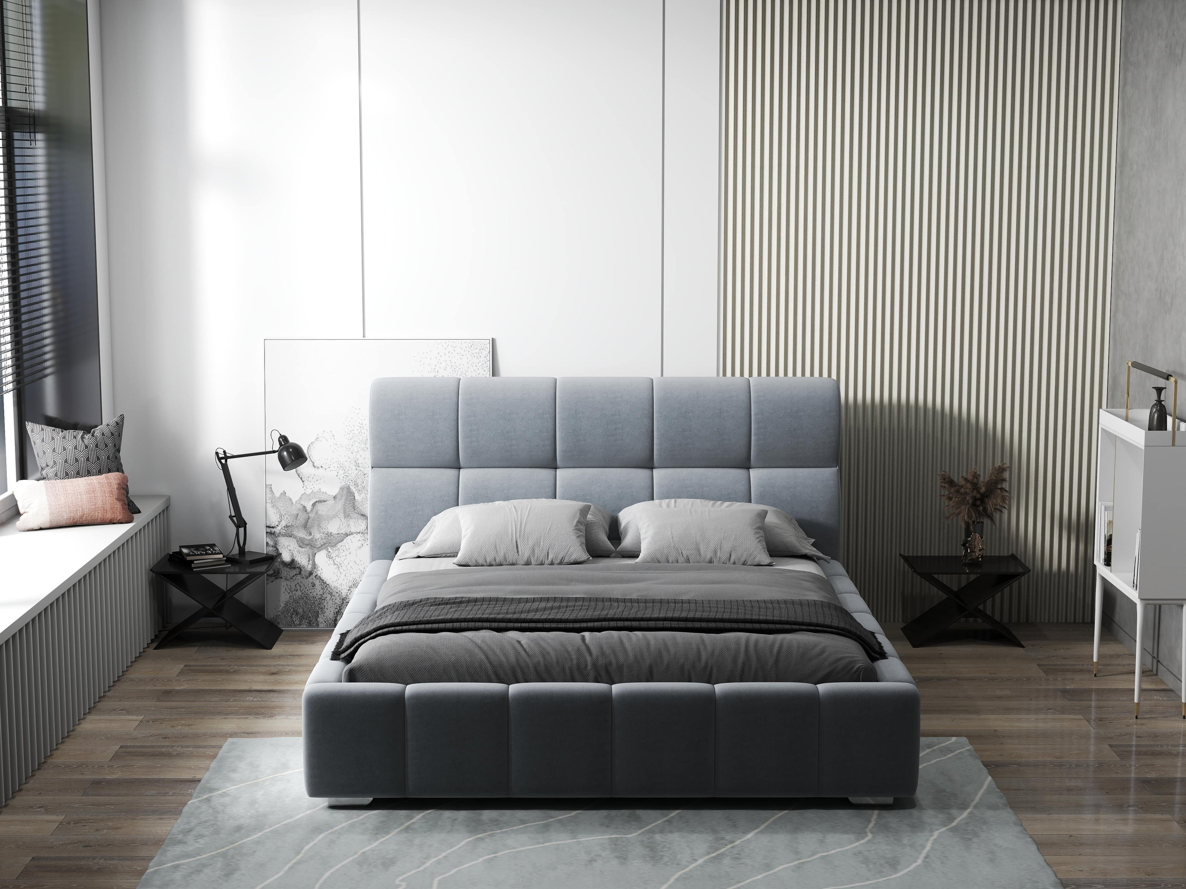 Pat dormitor dumonde, tapitat gri, Prestige 160x200 cm, somiera rabatabila inclusa, spatiu depozitare