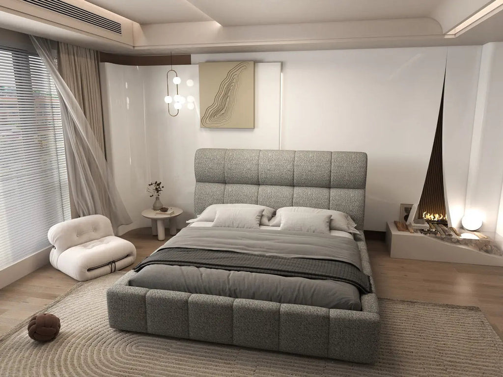 Pat dormitor dumonde, tapitat bej, Prestige 180x200 cm, somiera rabatabila inclusa, spatiu depozitare