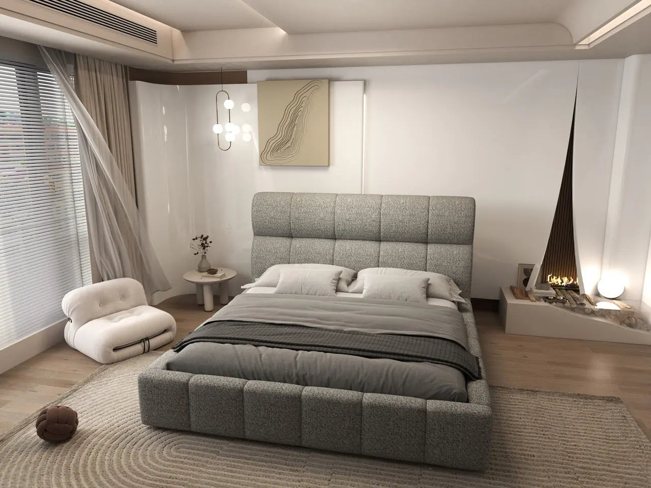 Pat dormitor dumonde, tapitat bej, Prestige 180x200 cm, somiera rabatabila inclusa, spatiu depozitare