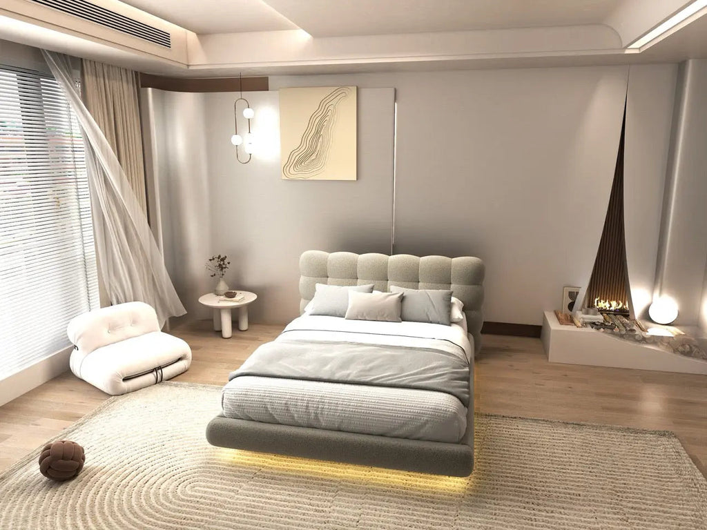 Pat dormitor dumonde, tapitat bej cu LED, "floating bed" Cloud 160x200 cm, somiera inclusa
