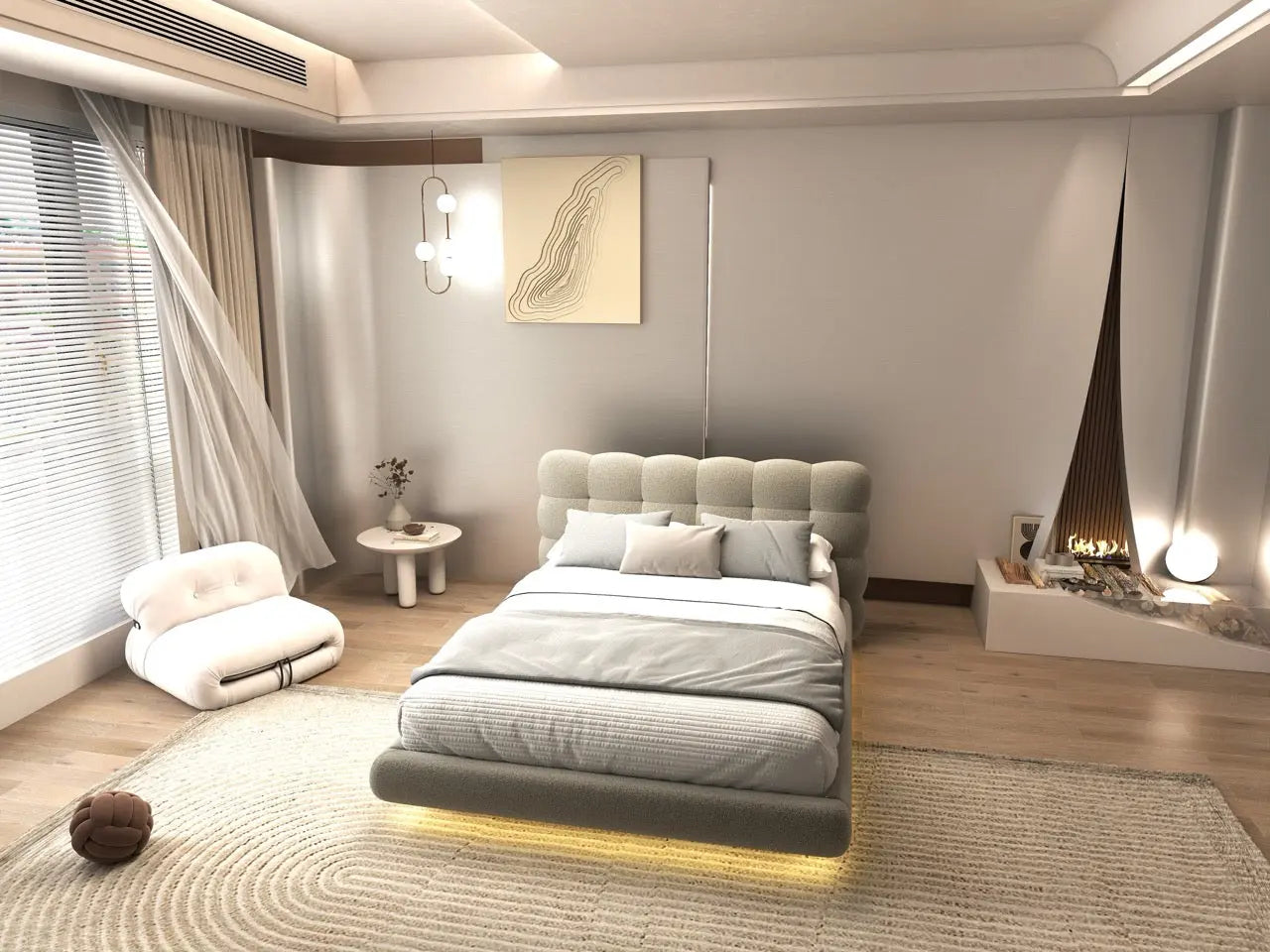Pat dormitor dumonde, tapitat bej cu LED, "floating bed" Cloud 160x200 cm, somiera inclusa