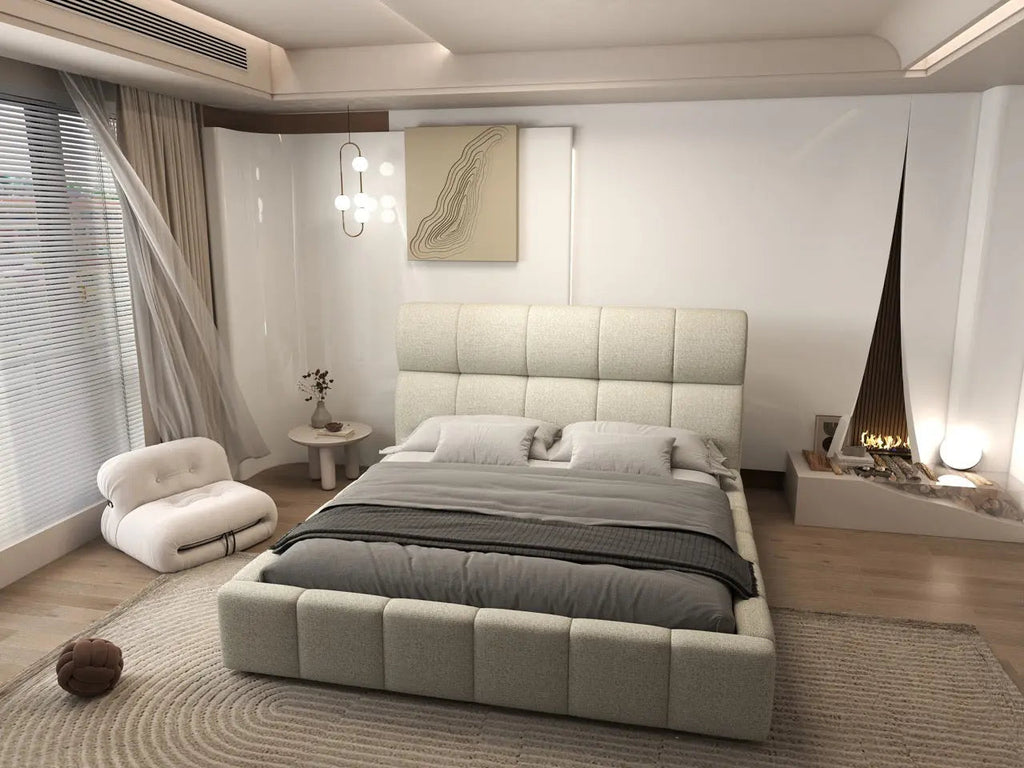 Pat dormitor dumonde, tapitat bej, Prestige 180x200 cm, somiera rabatabila inclusa, spatiu depozitare