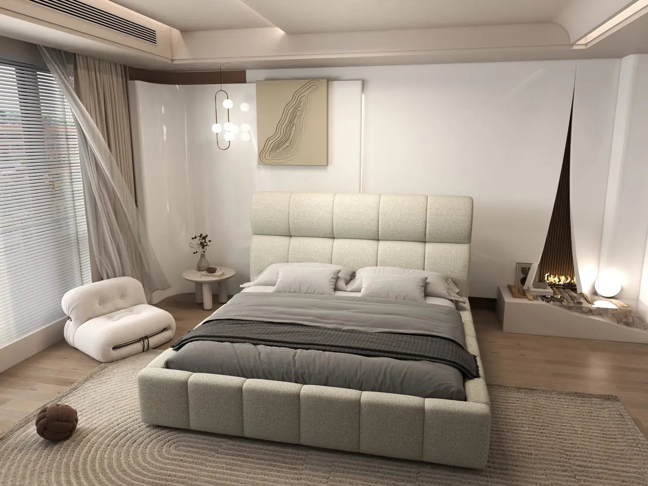 Pat dormitor dumonde, tapitat bej, Prestige 180x200 cm, somiera rabatabila inclusa, spatiu depozitare