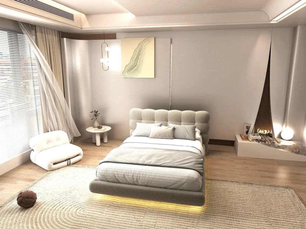 Pat dormitor dumonde, tapitat bej cu LED, "floating bed" Cloud 160x200 cm, somiera inclusa
