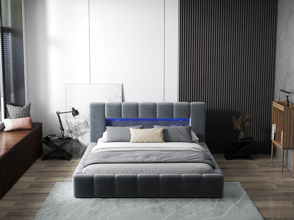 Pat dormitor dumonde, tapitat gri cu LED si USB, Palermo 180x200 cm, somiera rabatabila inclusa, spatiu depozitare
