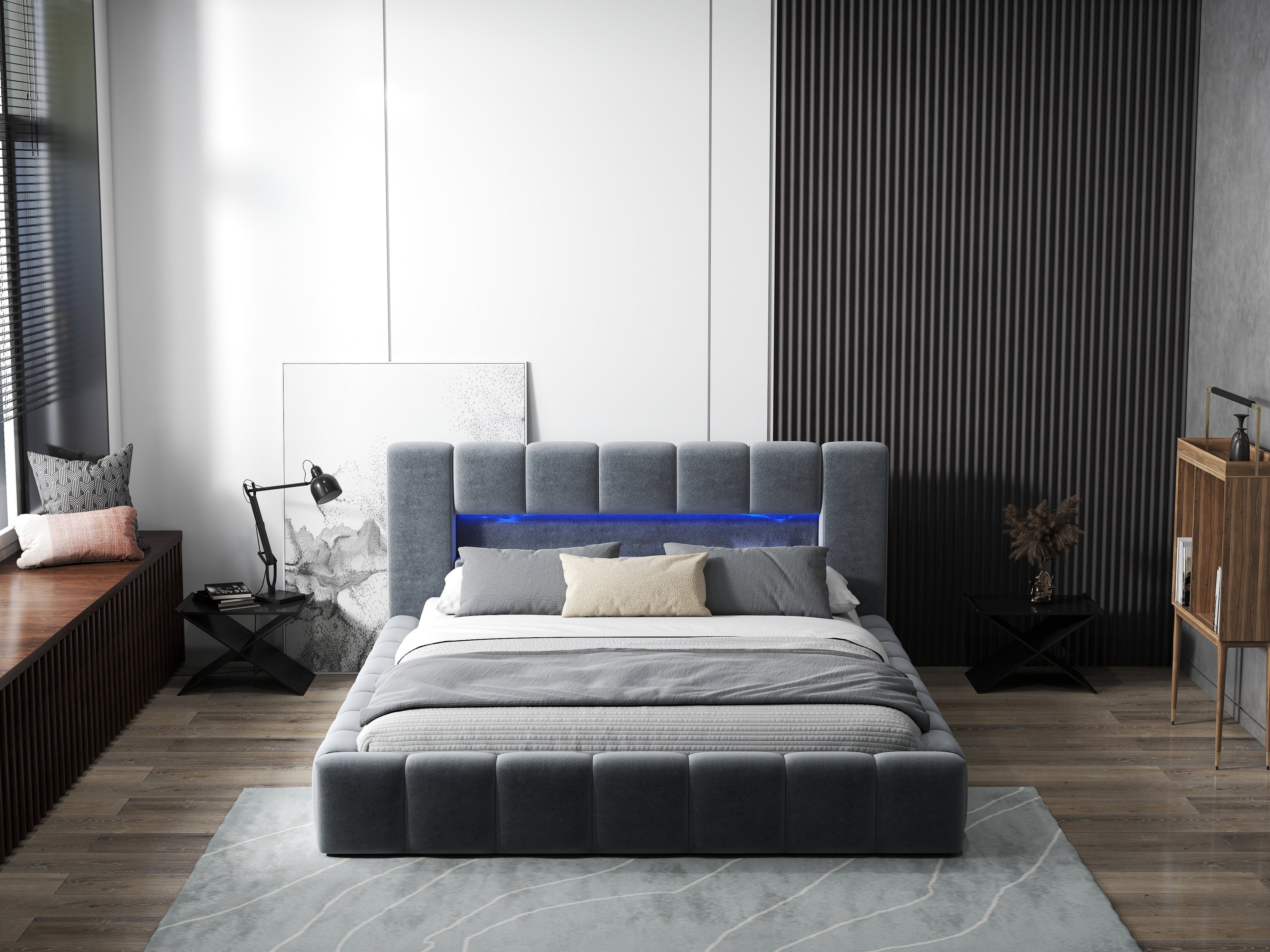 Pat dormitor dumonde, tapitat gri cu LED si USB, Palermo 180x200 cm, somiera rabatabila inclusa, spatiu depozitare
