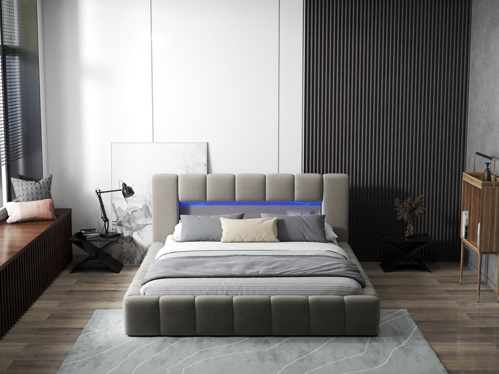 Pat dormitor dumonde, tapitat bej cu LED si USB, Palermo 180x200 cm, somiera rabatabila inclusa, spatiu depozitare