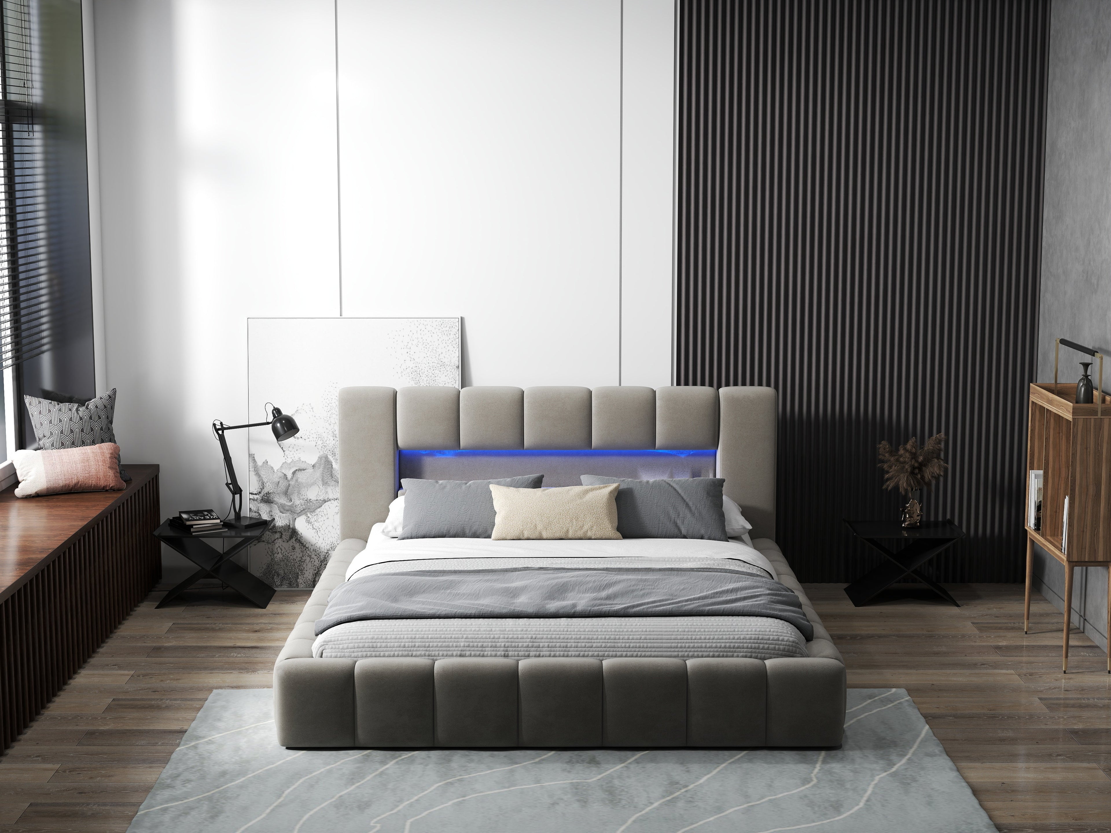 Pat dormitor dumonde, tapitat bej cu LED si USB, Palermo 140x200 cm, somiera rabatabila inclusa, spatiu depozitare