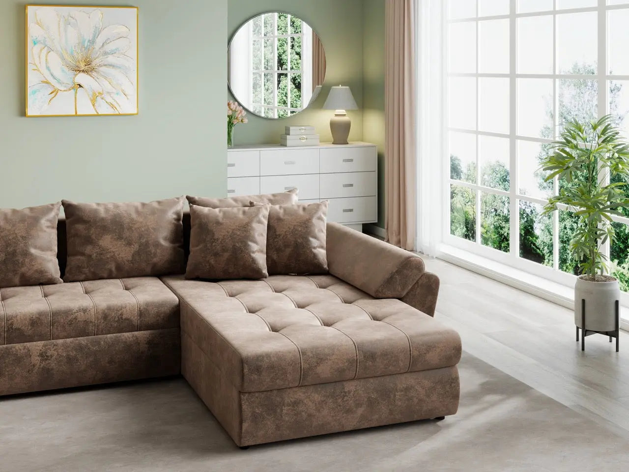 Colțar extensibil dumonde cu ladă de depozitare si sezut confortabil din spuma high-density, Loana U Madagaskar Brown 355x185 cm