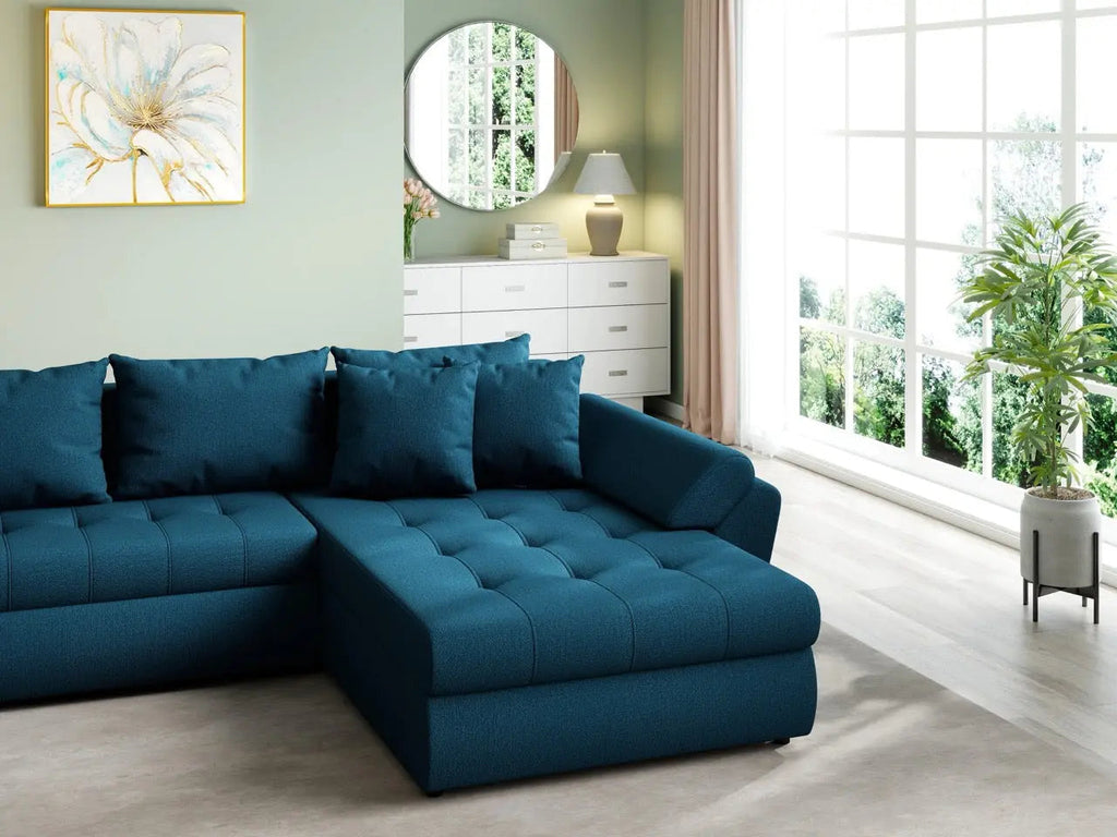 Colțar extensibil dumonde cu ladă de depozitare si sezut confortabil din spuma high-density, Loana U Enjoy Petrol 355x185 cm