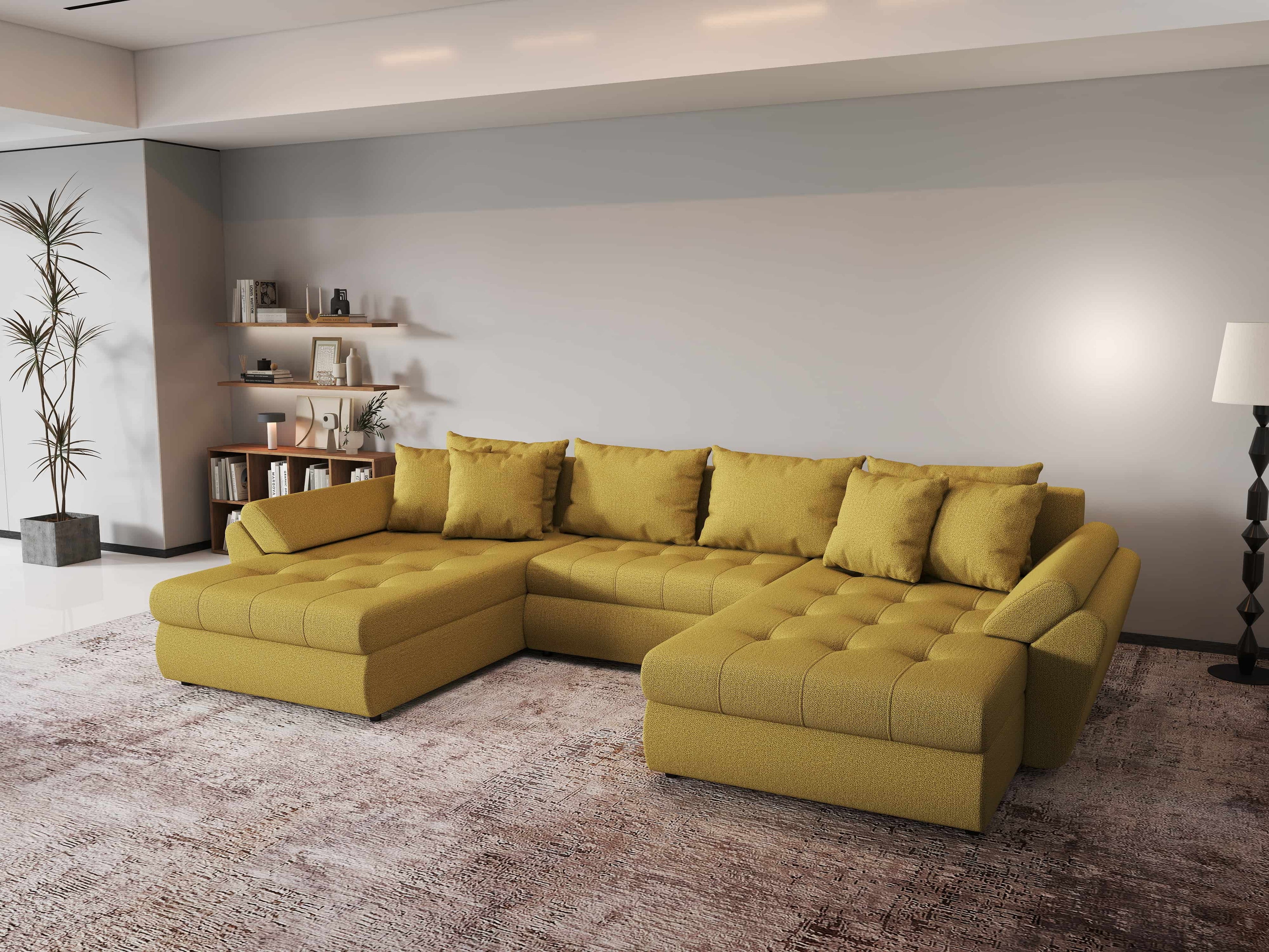Colțar extensibil dumonde cu ladă de depozitare si sezut confortabil din spuma high-density, Loana U Enjoy Melon 355x185 cm