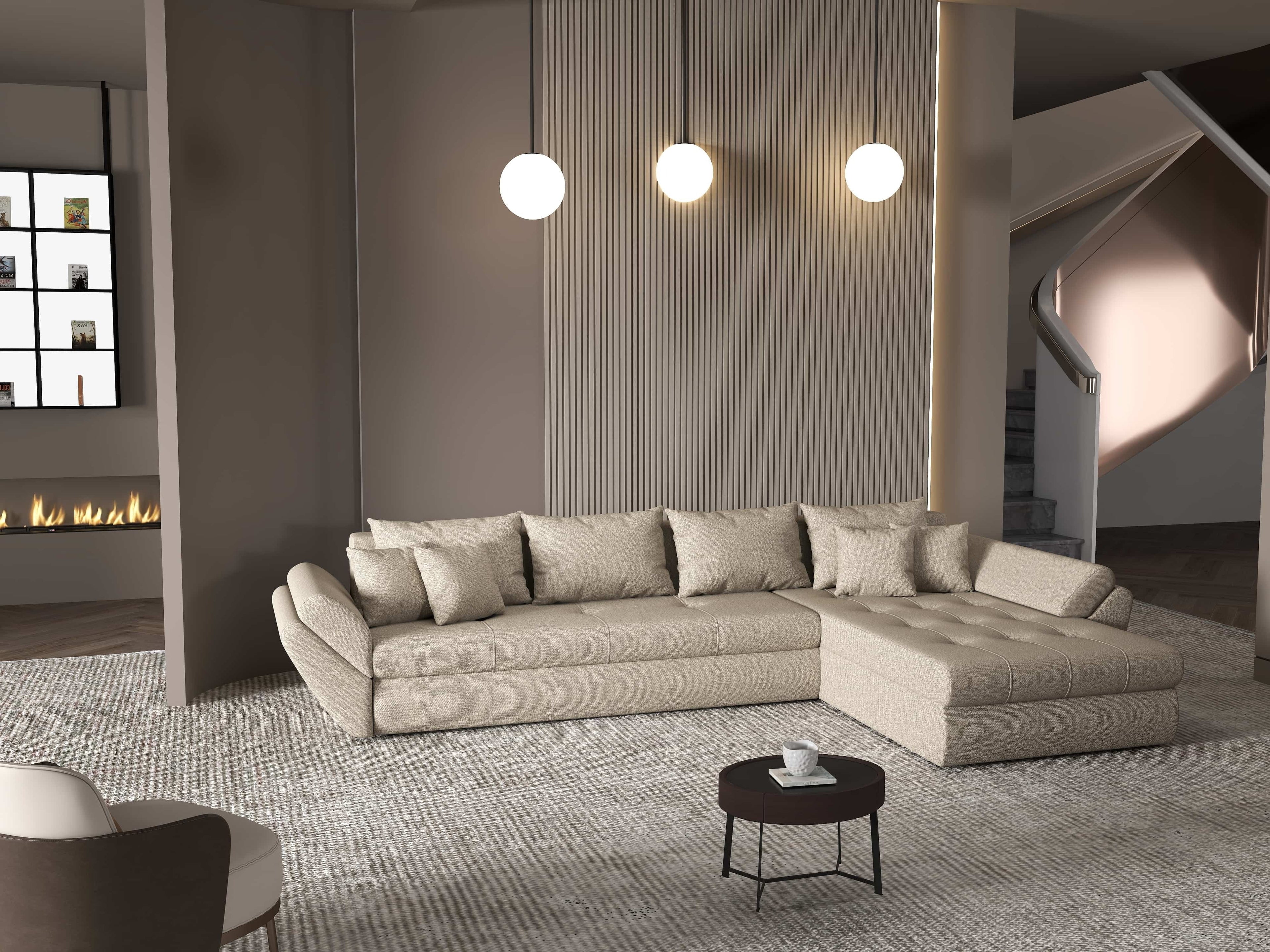 Colțar extensibil dumonde cu ladă de depozitare si sezut confortabil din spuma high-density, Loana XL Enjoy Camel II 335x185 cm