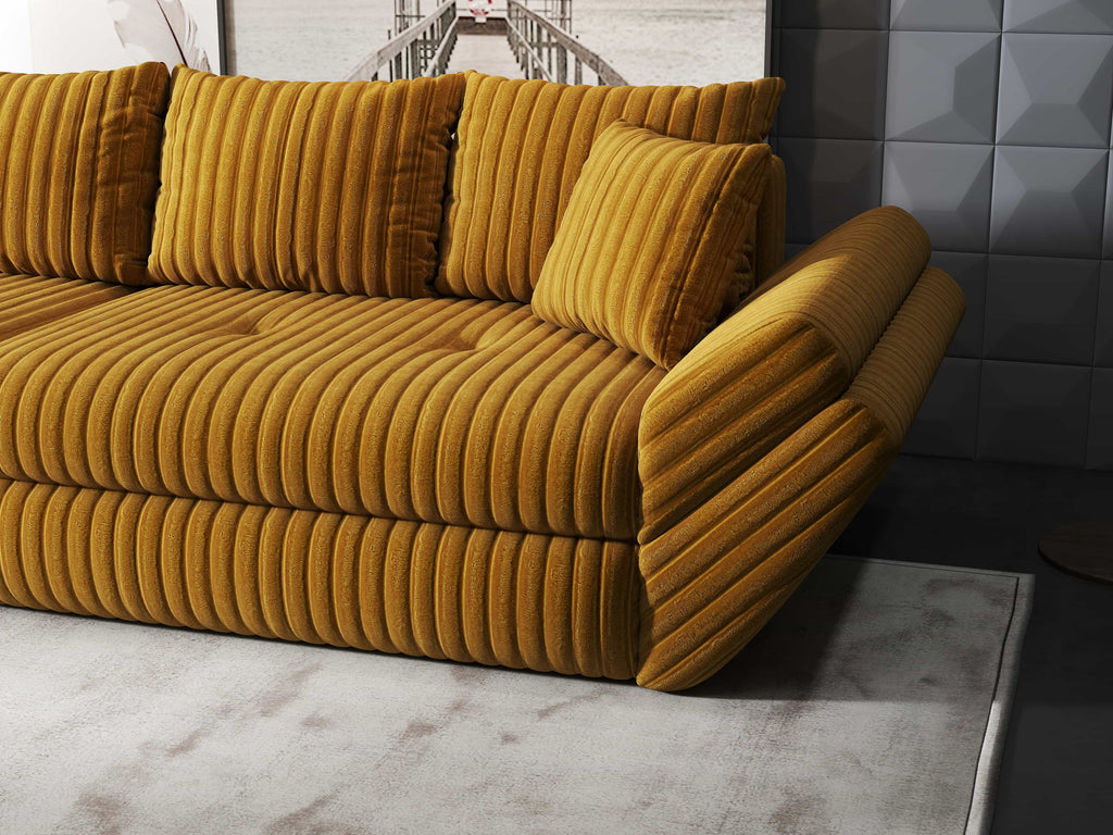 Canapea extensibilă dumonde cu ladă de depozitare si sezut confortabil din spuma high-density, Loana Ambience Mustar 300x100 cm