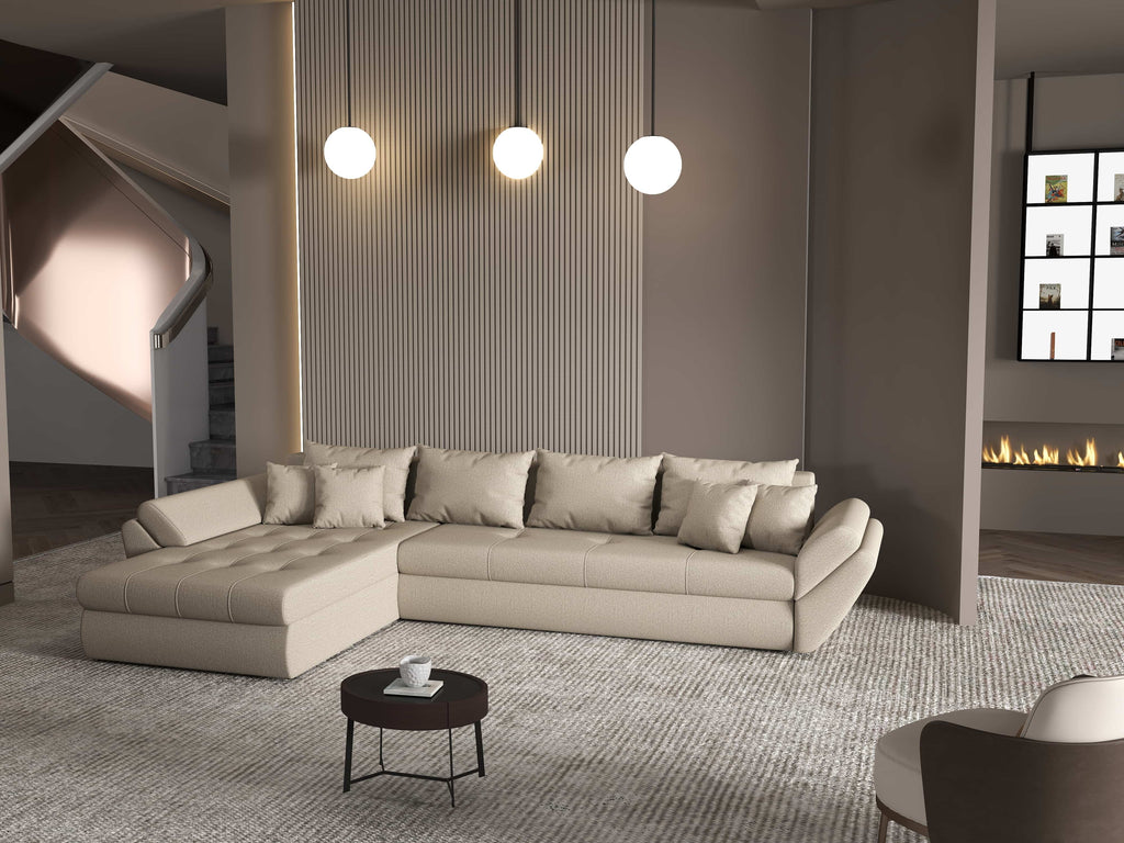 Colțar extensibil dumonde cu ladă de depozitare si sezut confortabil din spuma high-density, Loana XL Enjoy Camel 335x185 cm