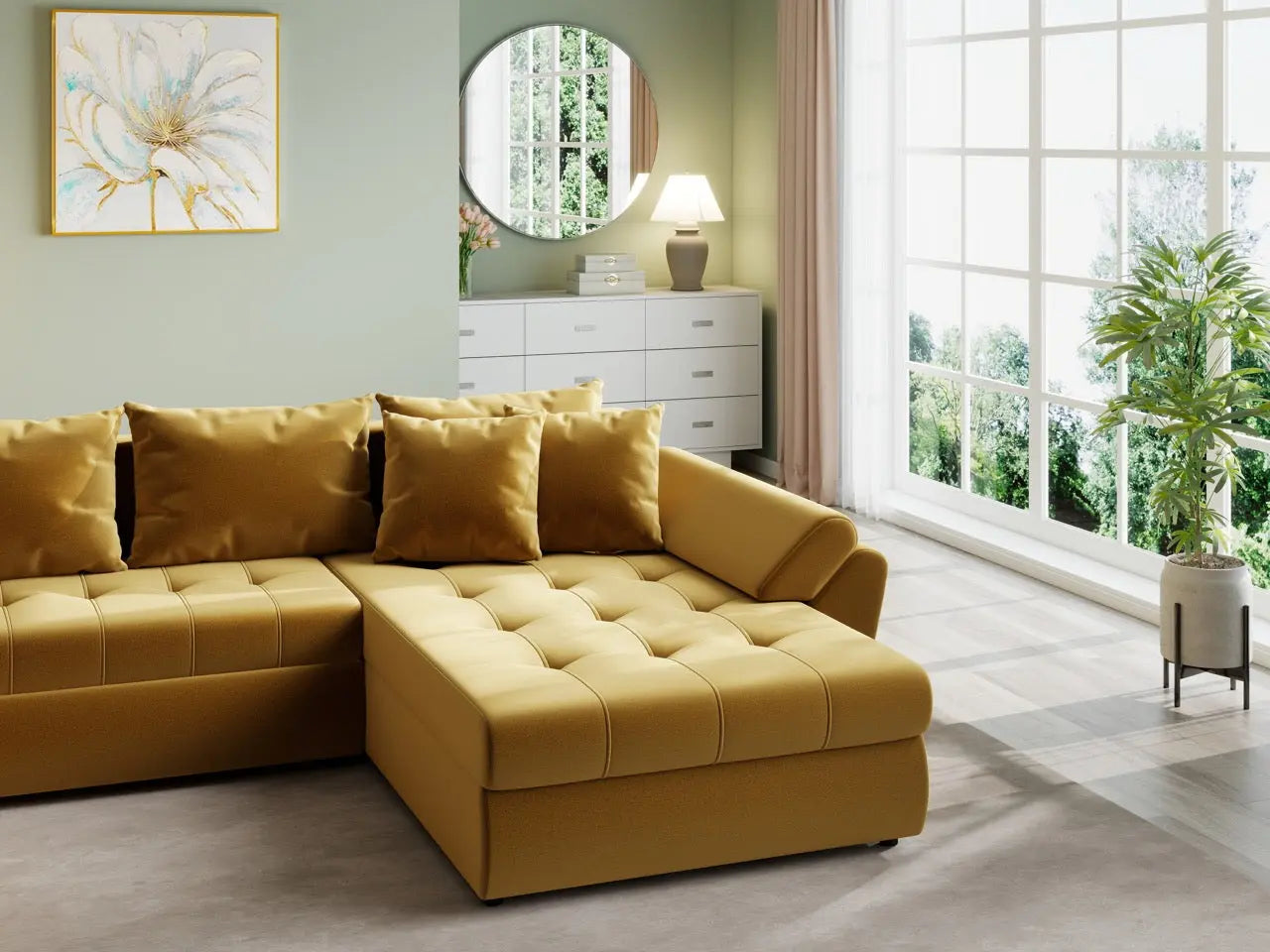 Colțar extensibil dumonde cu ladă de depozitare si sezut confortabil din spuma high-density, Loana U Royal Mustar 355x185 cm
