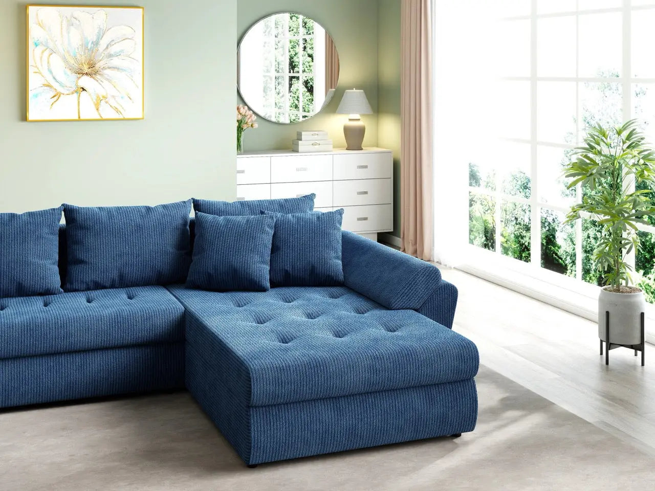 Colțar extensibil dumonde cu ladă de depozitare si sezut confortabil din spuma high-density, Loana U Zoom Blue 355x185 cm