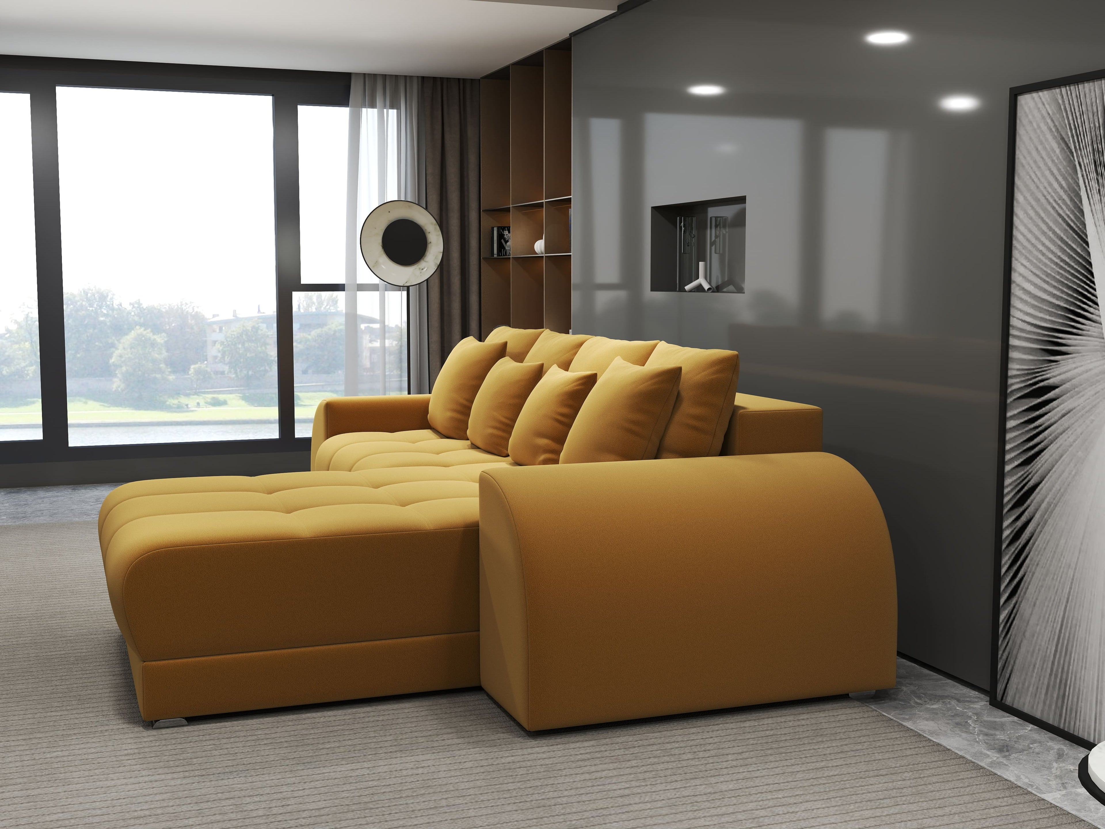 Colțar extensibil dumonde cu ladă de depozitare si sezut confortabil din spuma high-density, Verona Royal Mustar II 290x185 cm