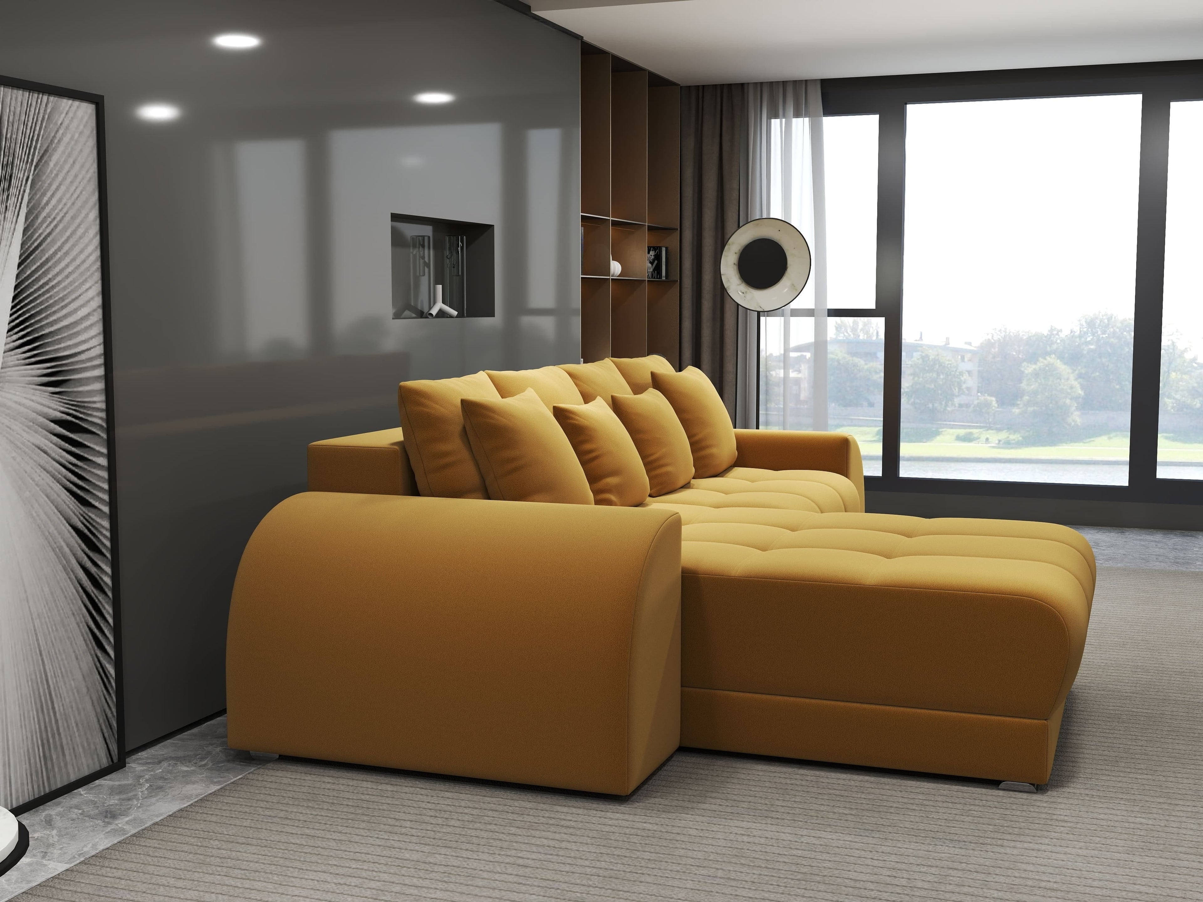 Colțar extensibil dumonde cu ladă de depozitare si sezut confortabil din spuma high-density, Verona Royal Mustar 290x185 cm