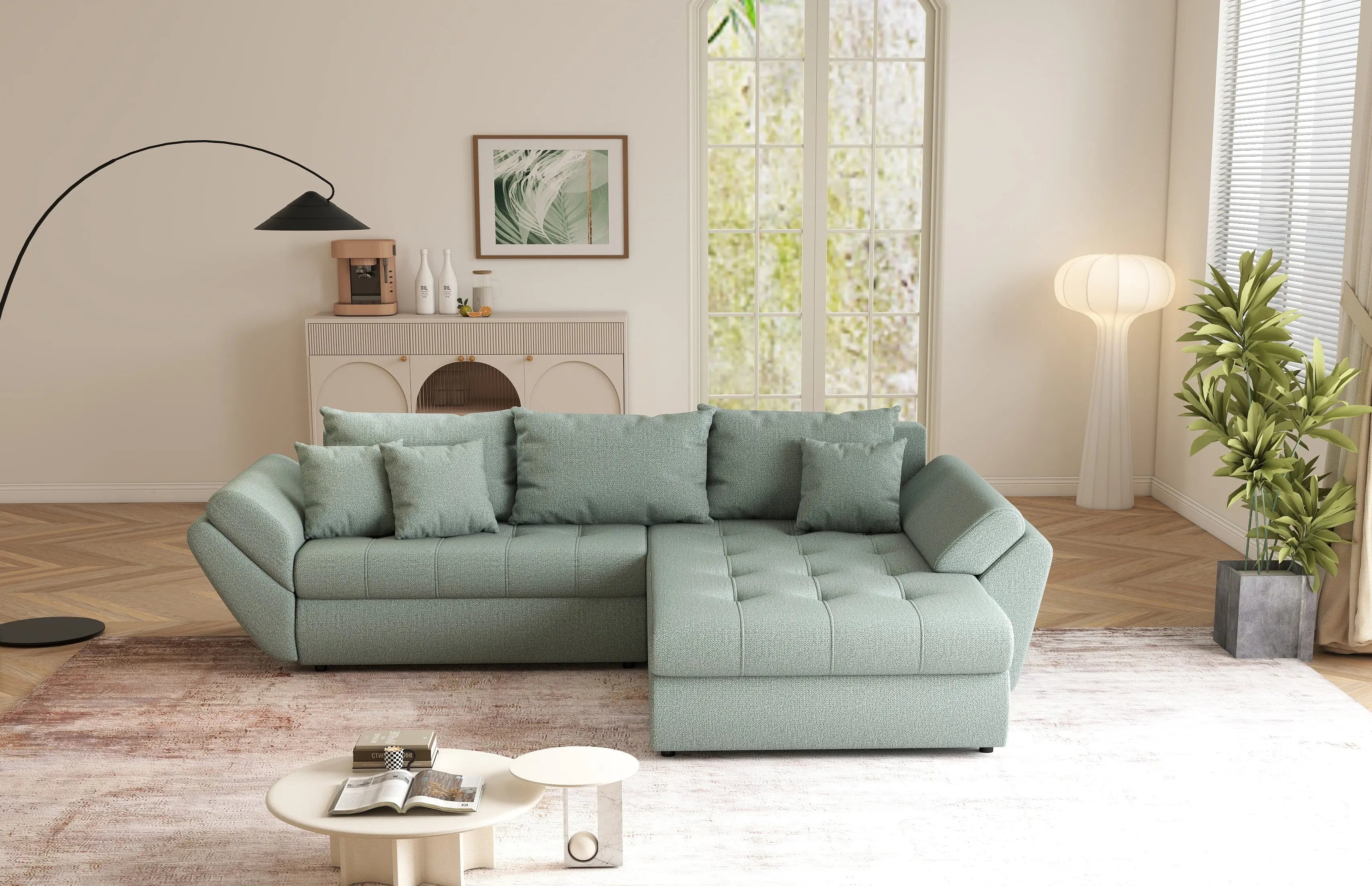 Colțar extensibil dumonde cu ladă de depozitare si sezut confortabil din spuma high-density, Loana Enjoy Mint II 270x185 cm