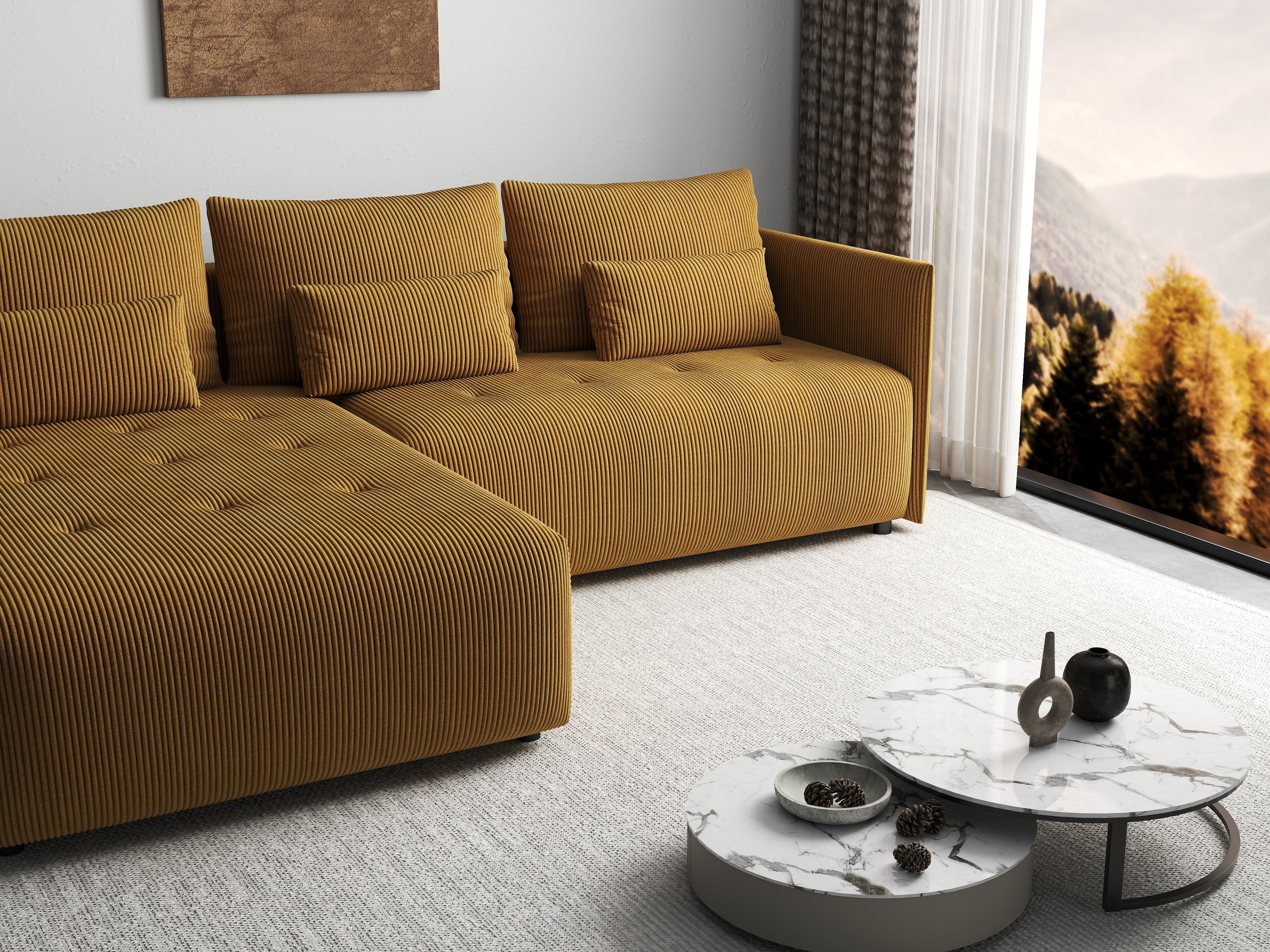 Colțar extensibil dumonde cu ladă de depozitare si sezut confortabil din spuma high-density, Malta Zoom Mustar II 235x185 cm