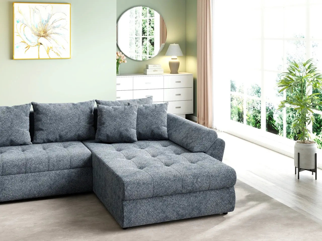Colțar extensibil dumonde cu ladă de depozitare si sezut confortabil din spuma high-density, Loana U Euphoria Grafit 355x185 cm