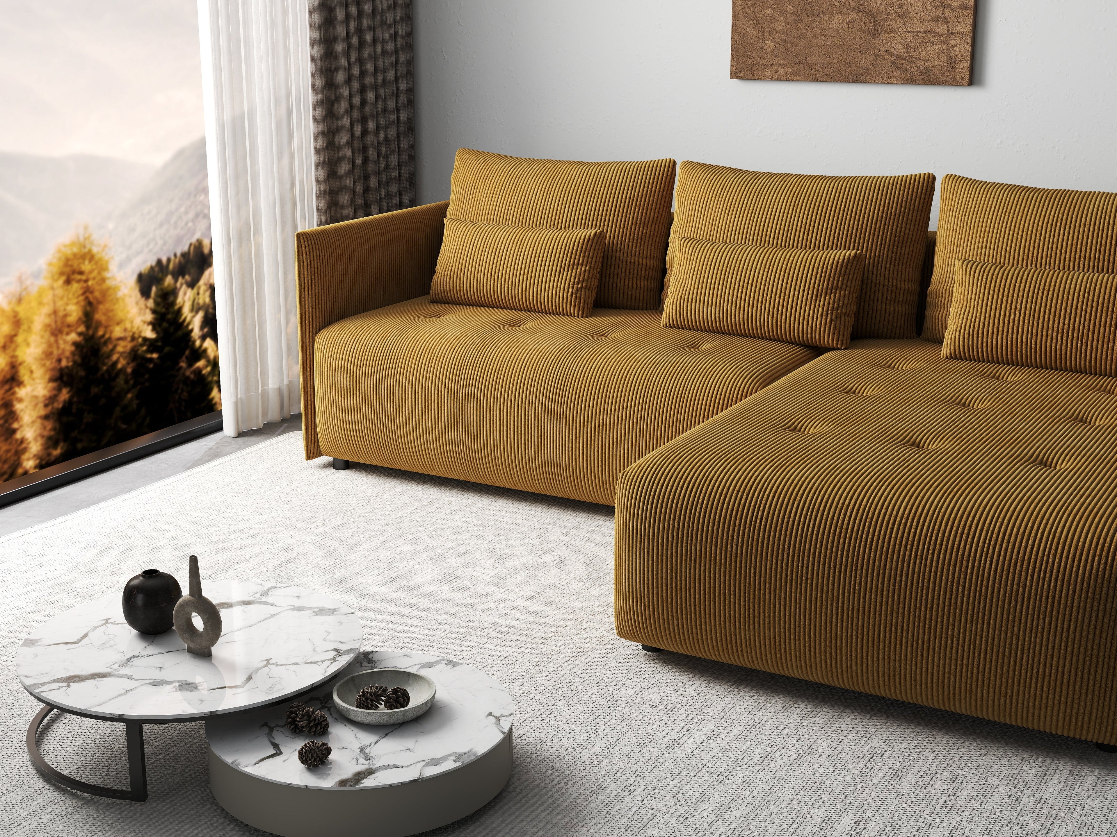 Colțar extensibil dumonde cu ladă de depozitare si sezut confortabil din spuma high-density, Malta Zoom Mustar 235x185 cm