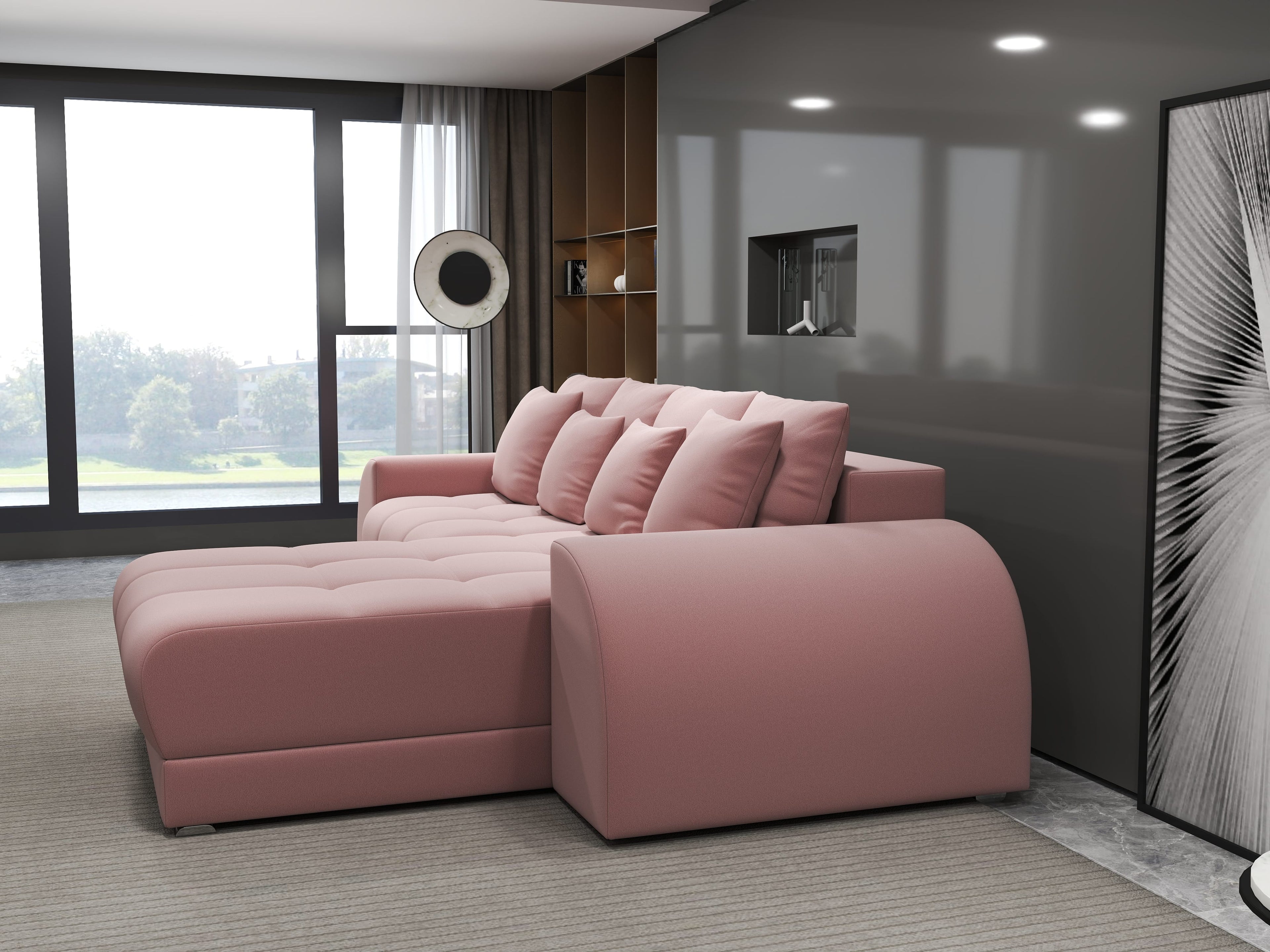 Colțar extensibil dumonde cu ladă de depozitare si sezut confortabil din spuma high-density, Verona Royal Roz II 290x185 cm