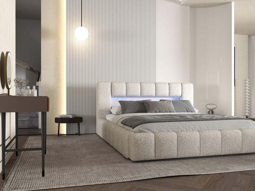 Pat dormitor dumonde, tapitat alb cu LED si USB, Palermo 180x200 cm, somiera rabatabila inclusa, spatiu depozitare