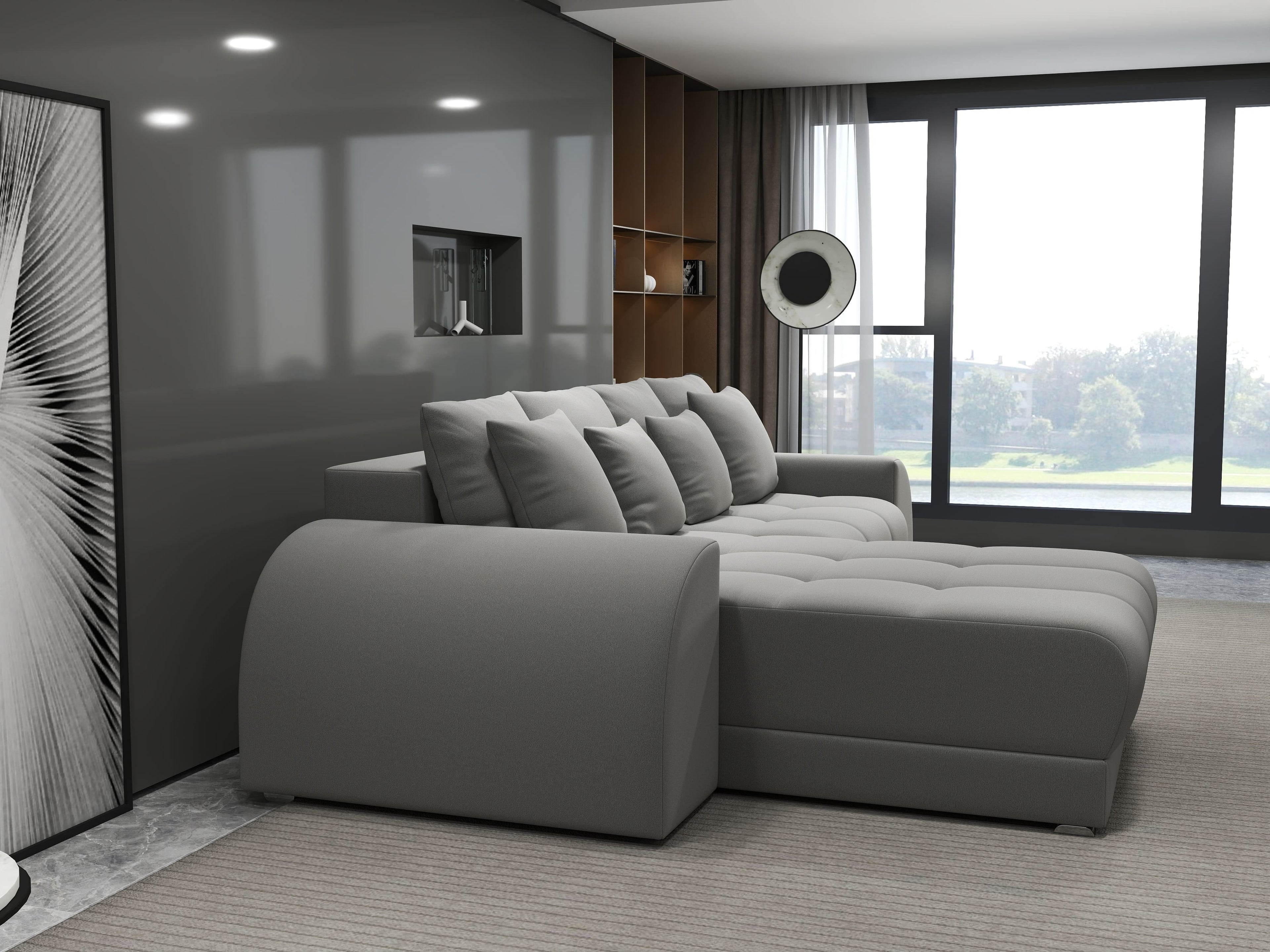 Colțar extensibil dumonde cu ladă de depozitare si sezut confortabil din spuma high-density, Verona Royal Gri 290x185 cm