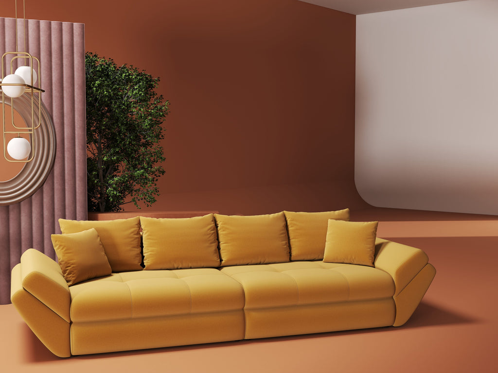 Canapea extensibilă dumonde cu ladă de depozitare si sezut confortabil din spuma high-density, Loana Royal Mustar 300x100 cm