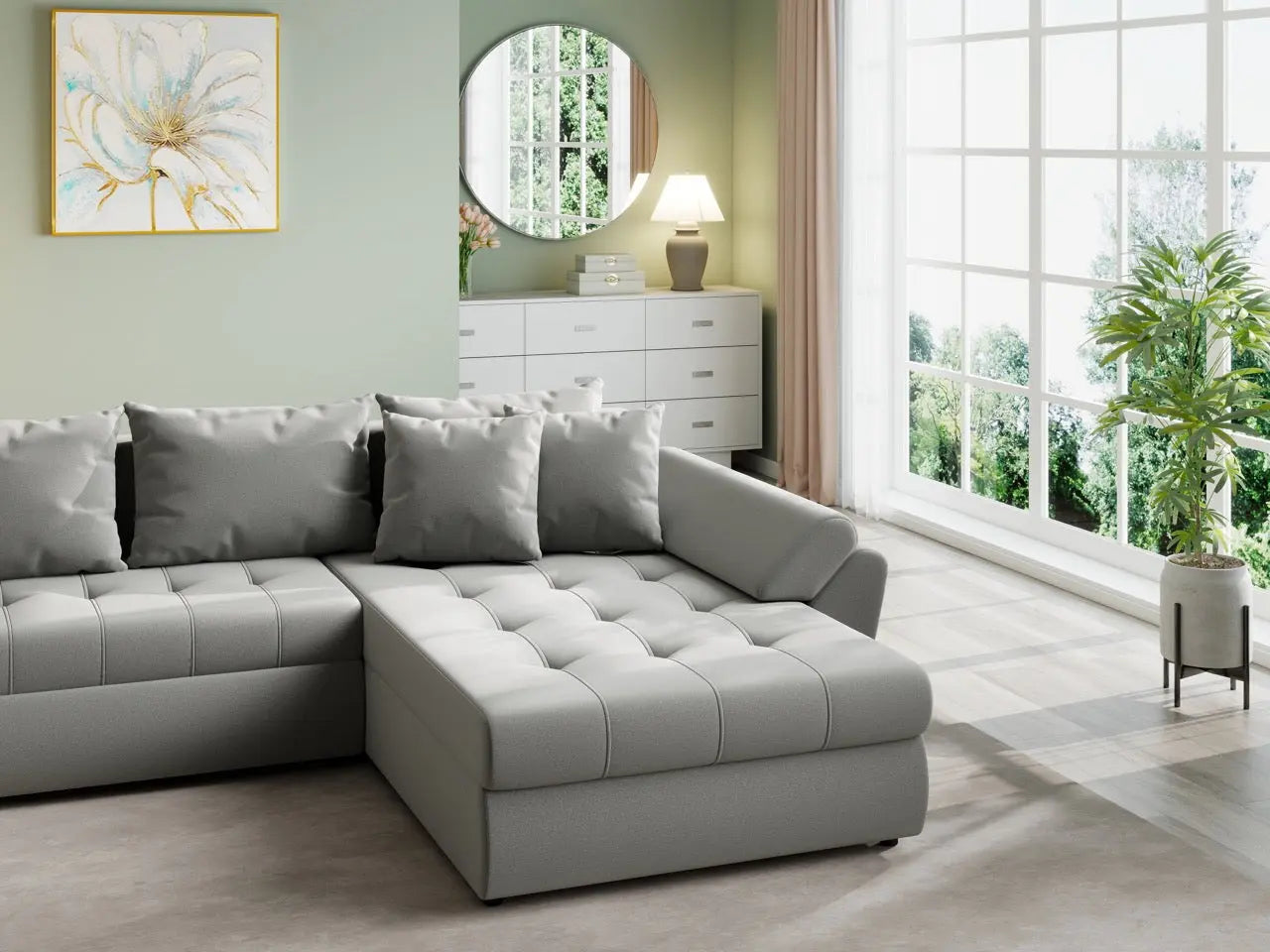 Colțar extensibil dumonde cu ladă de depozitare si sezut confortabil din spuma high-density, Loana U Royal Grey 355x185 cm