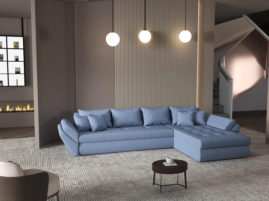 Colțar extensibil dumonde cu ladă de depozitare si sezut confortabil din spuma high-density, Loana XL Enjoy Albastru II 335x185 cm
