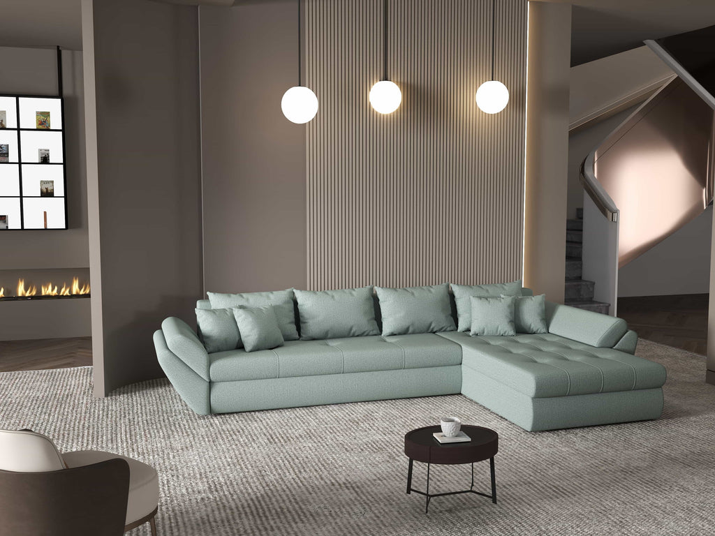 Colțar extensibil dumonde cu ladă de depozitare si sezut confortabil din spuma high-density, Loana XL Enjoy Mint II 335x185 cm