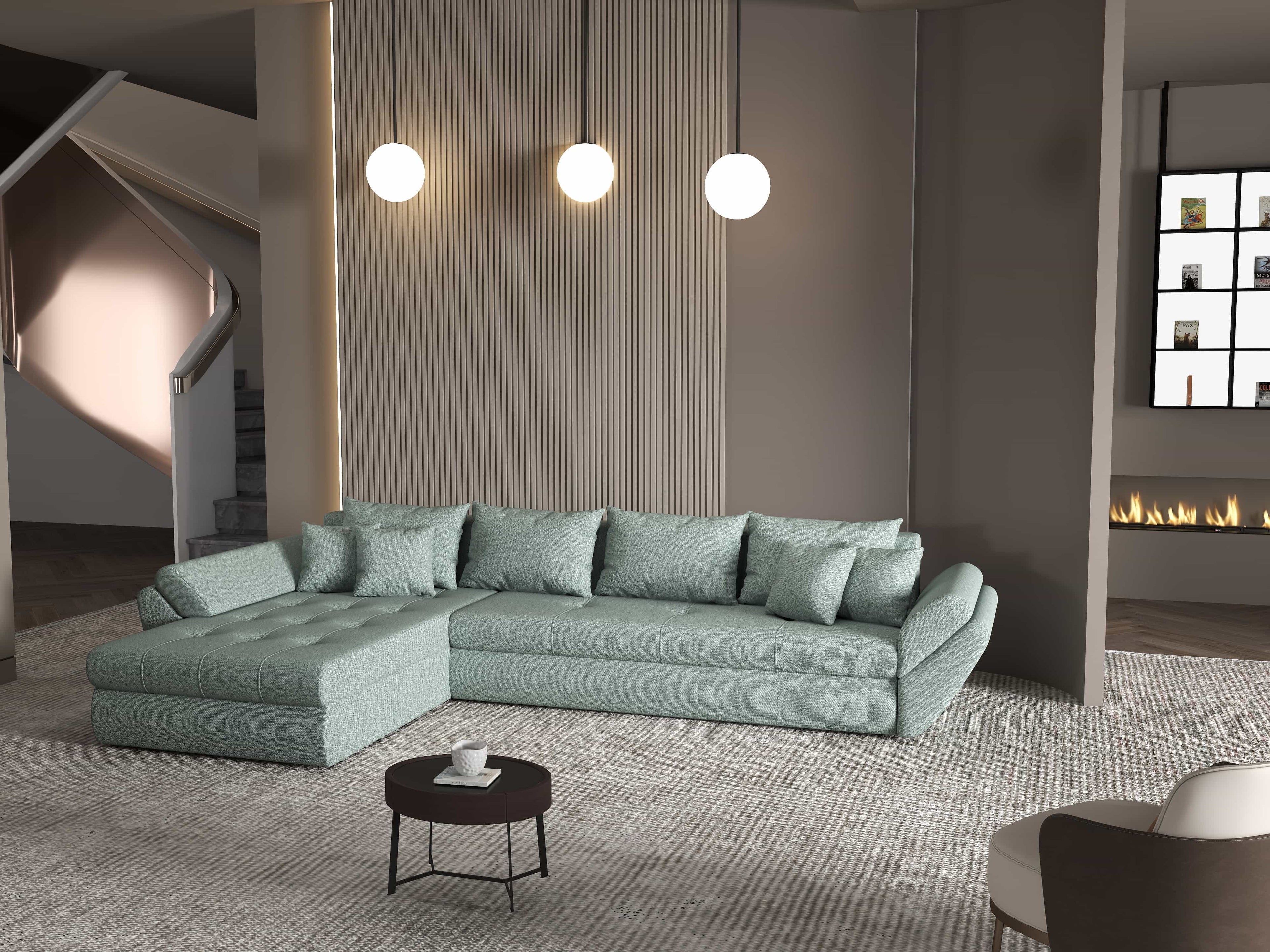 Colțar extensibil dumonde cu ladă de depozitare si sezut confortabil din spuma high-density, Loana XL Enjoy Mint 335x185 cm