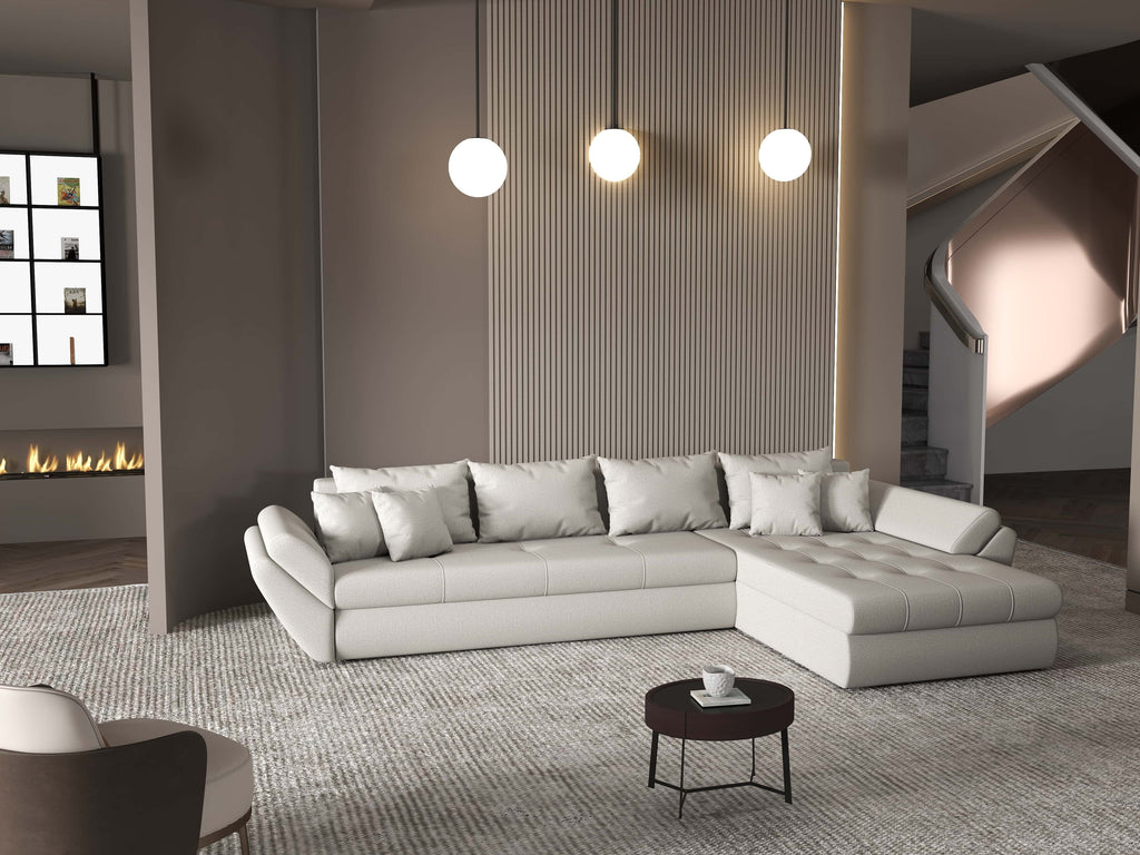 Colțar extensibil dumonde cu ladă de depozitare si sezut confortabil din spuma high-density, Loana XL Enjoy Beige II 335x185 cm