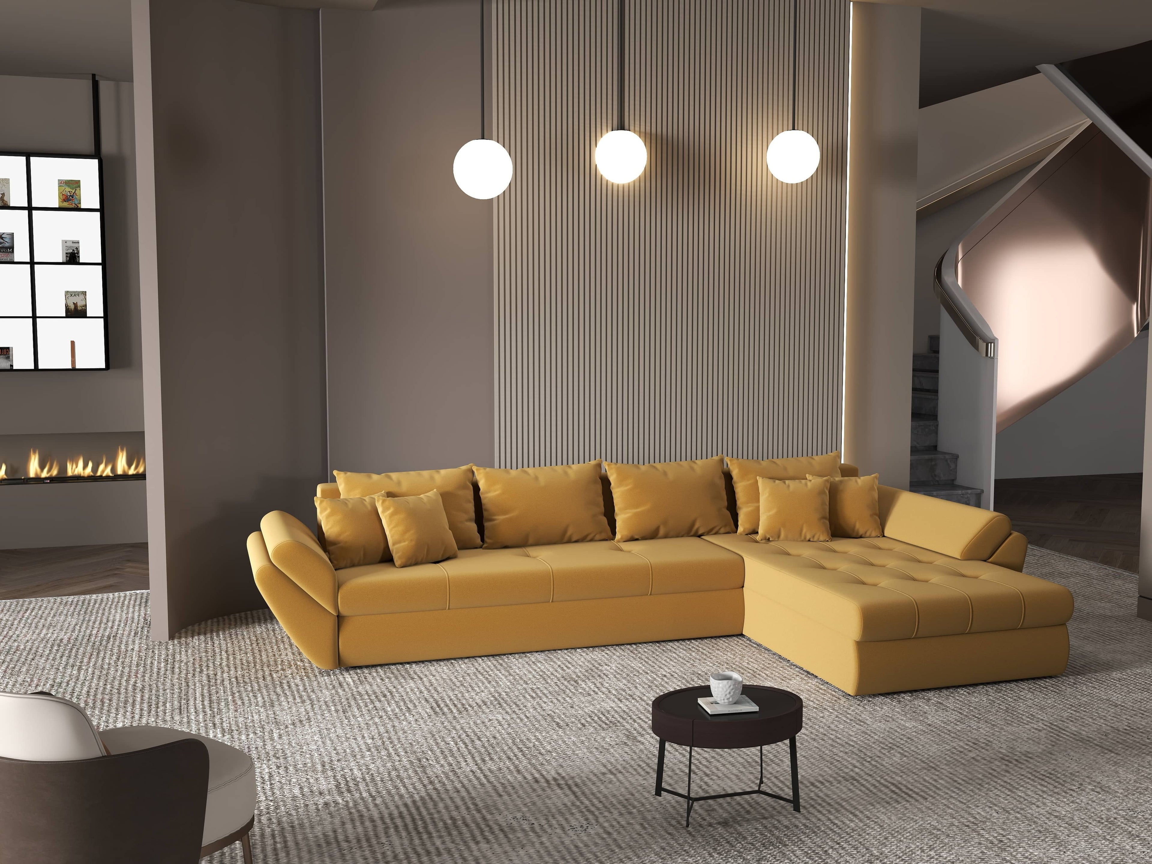 Colțar extensibil dumonde cu ladă de depozitare si sezut confortabil din spuma high-density, Loana XL Royal Mustar II 335x185 cm