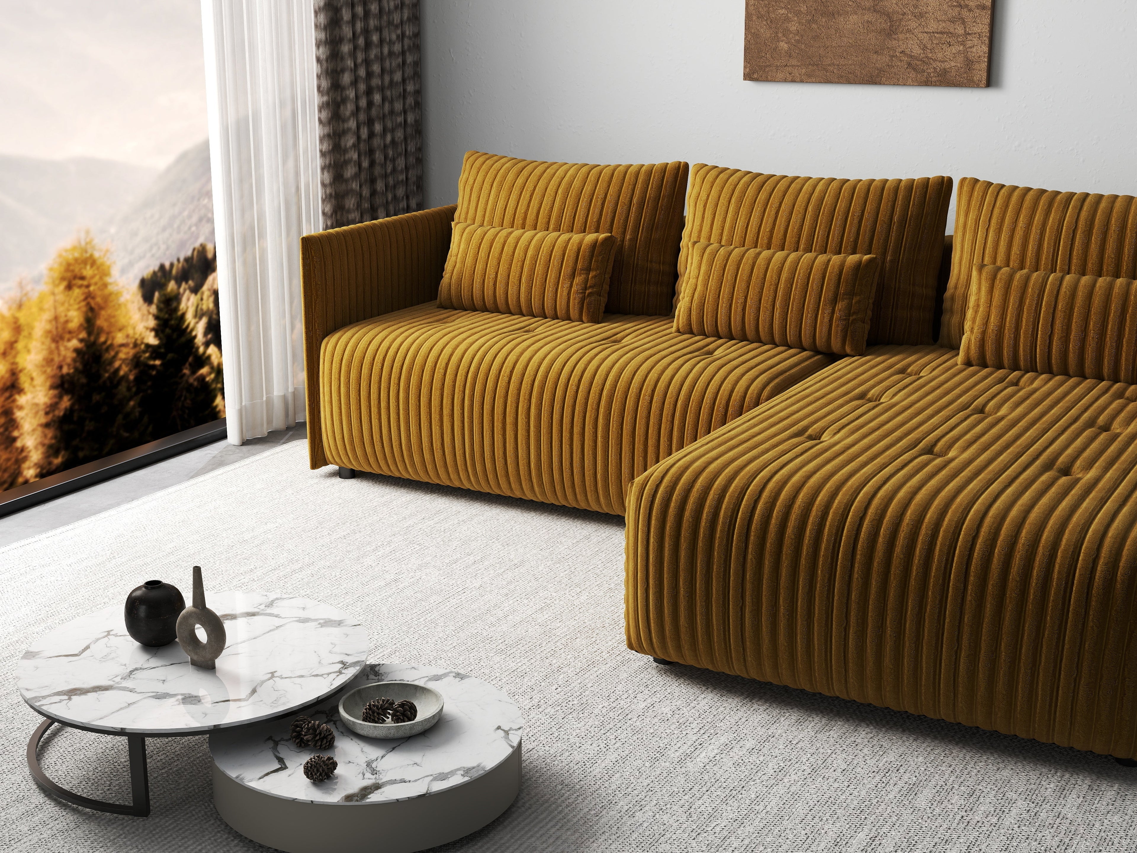 Colțar extensibil dumonde cu ladă de depozitare si sezut confortabil din spuma high-density, Malta Ambience Mustard II 235x185 cm