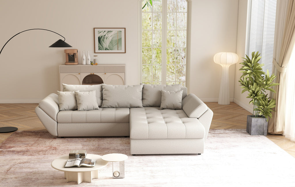 Colțar extensibil dumonde cu ladă de depozitare si sezut confortabil din spuma high-density, Loana Enjoy Bej II 270x185 cm