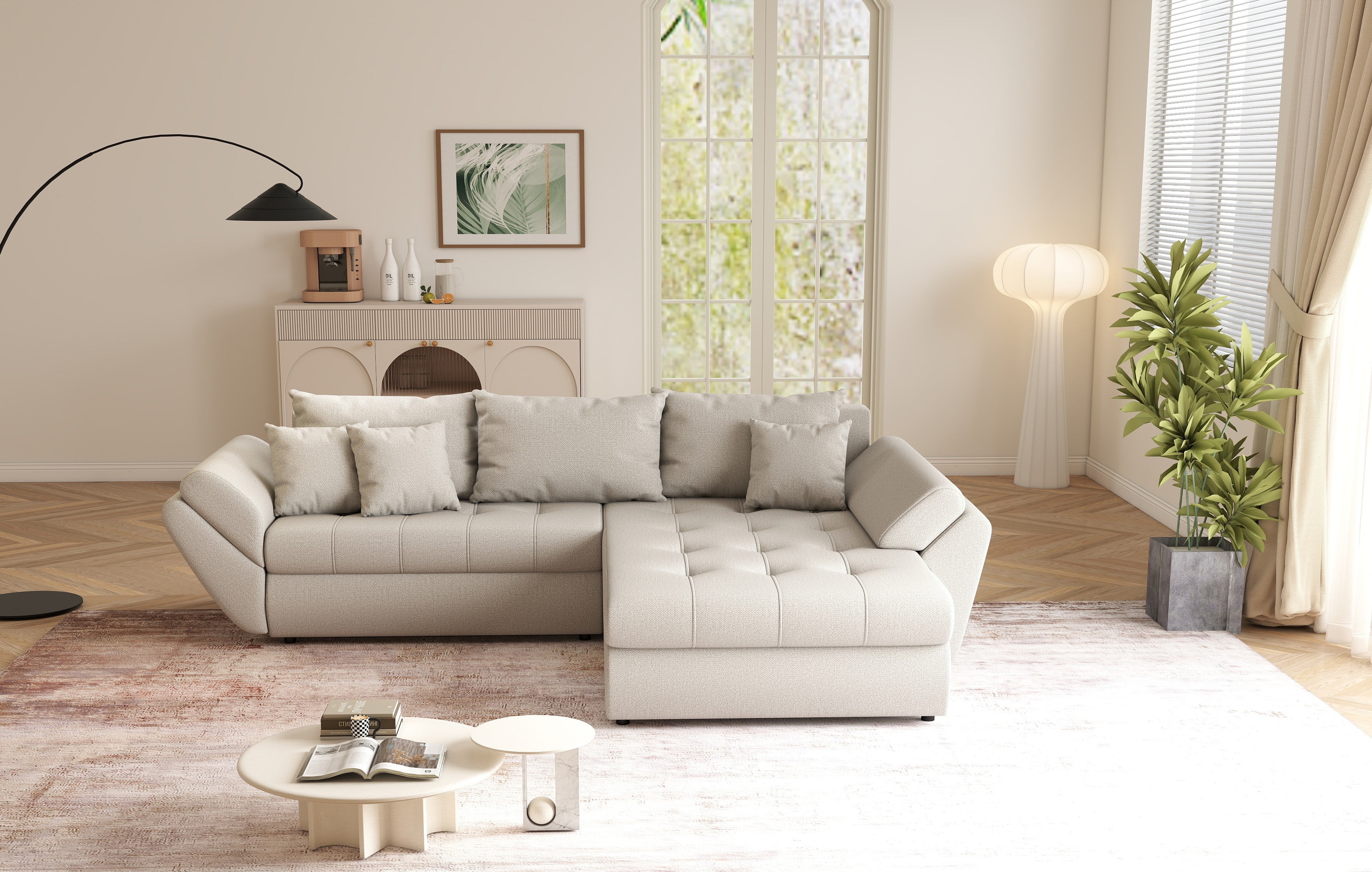 Colțar extensibil dumonde cu ladă de depozitare si sezut confortabil din spuma high-density, Loana Enjoy Bej II 270x185 cm