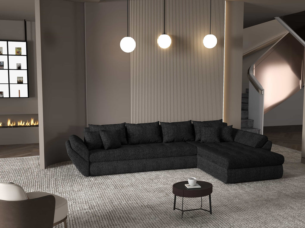 Colțar extensibil dumonde cu ladă de depozitare si sezut confortabil din spuma high-density, Loana XL Enjoy Negru II 335x185 cm