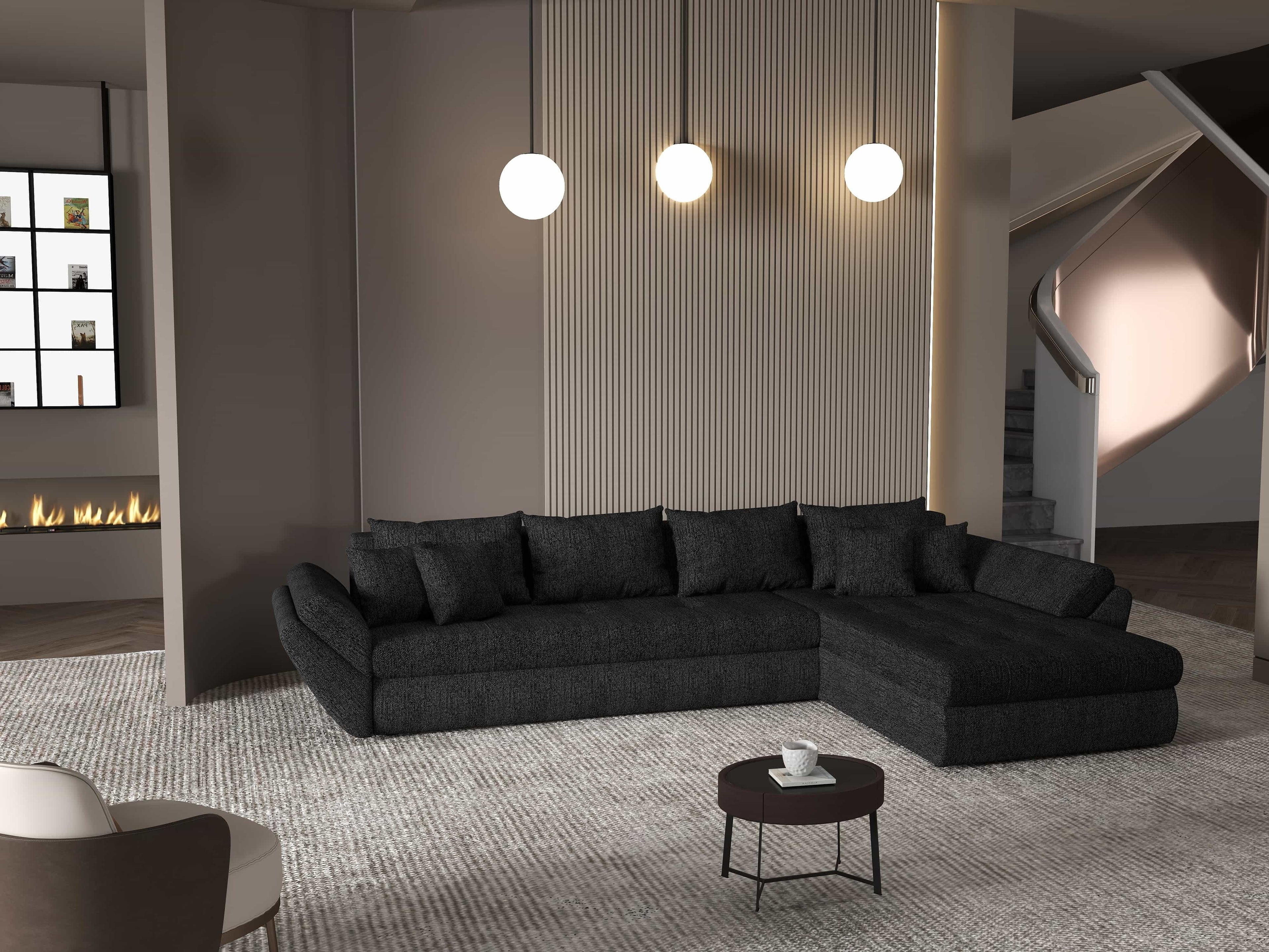 Colțar extensibil dumonde cu ladă de depozitare si sezut confortabil din spuma high-density, Loana XL Enjoy Negru II 335x185 cm