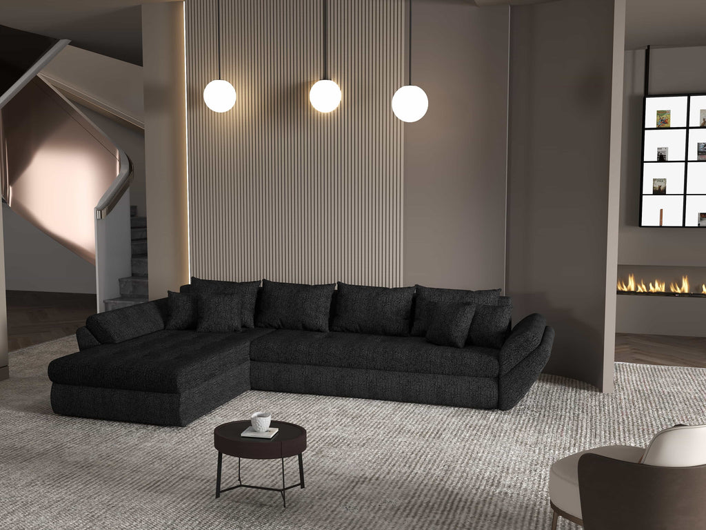 Colțar extensibil dumonde cu ladă de depozitare si sezut confortabil din spuma high-density, Loana XL Enjoy Negru 335x185 cm
