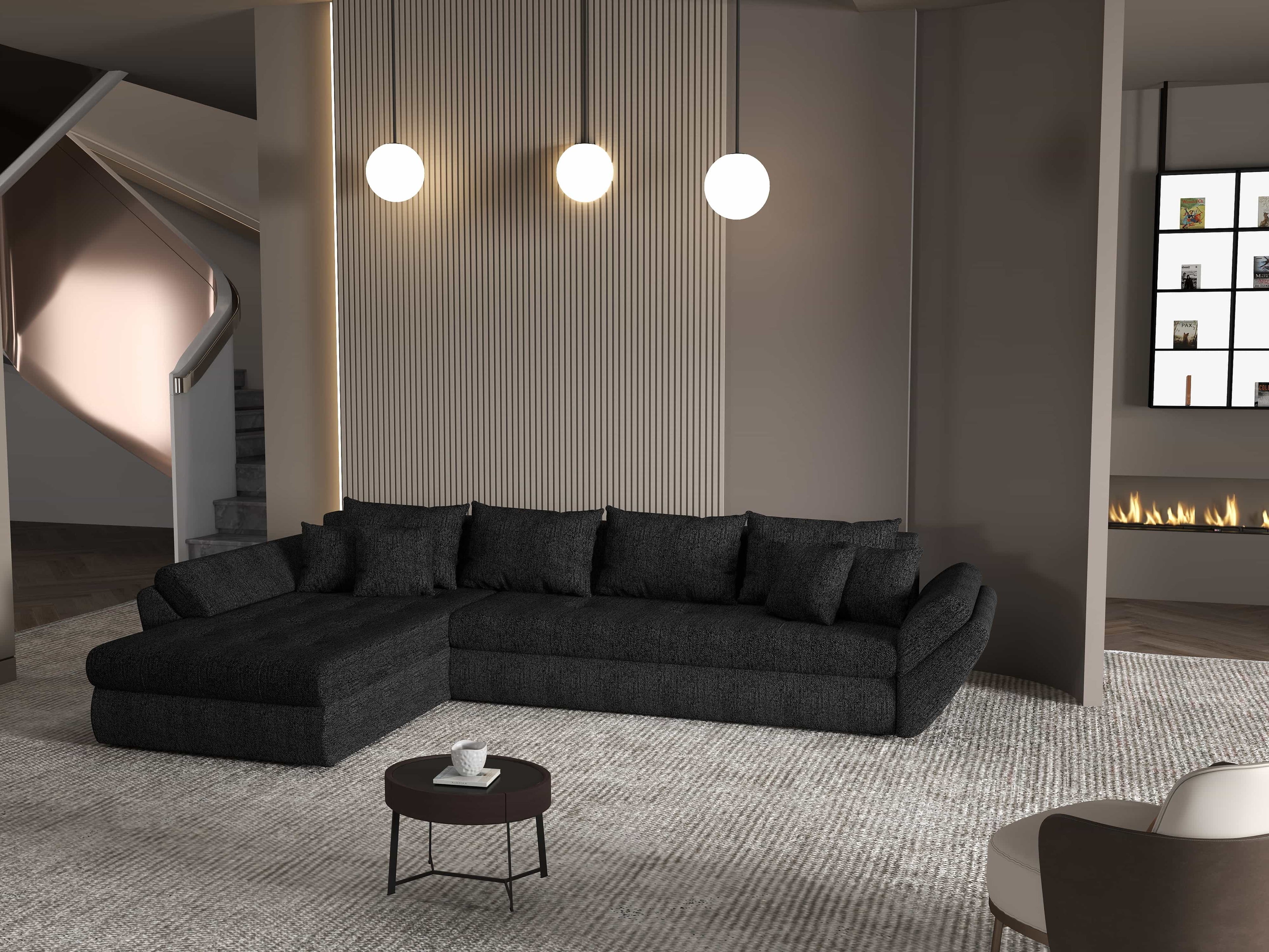 Colțar extensibil dumonde cu ladă de depozitare si sezut confortabil din spuma high-density, Loana XL Enjoy Negru 335x185 cm