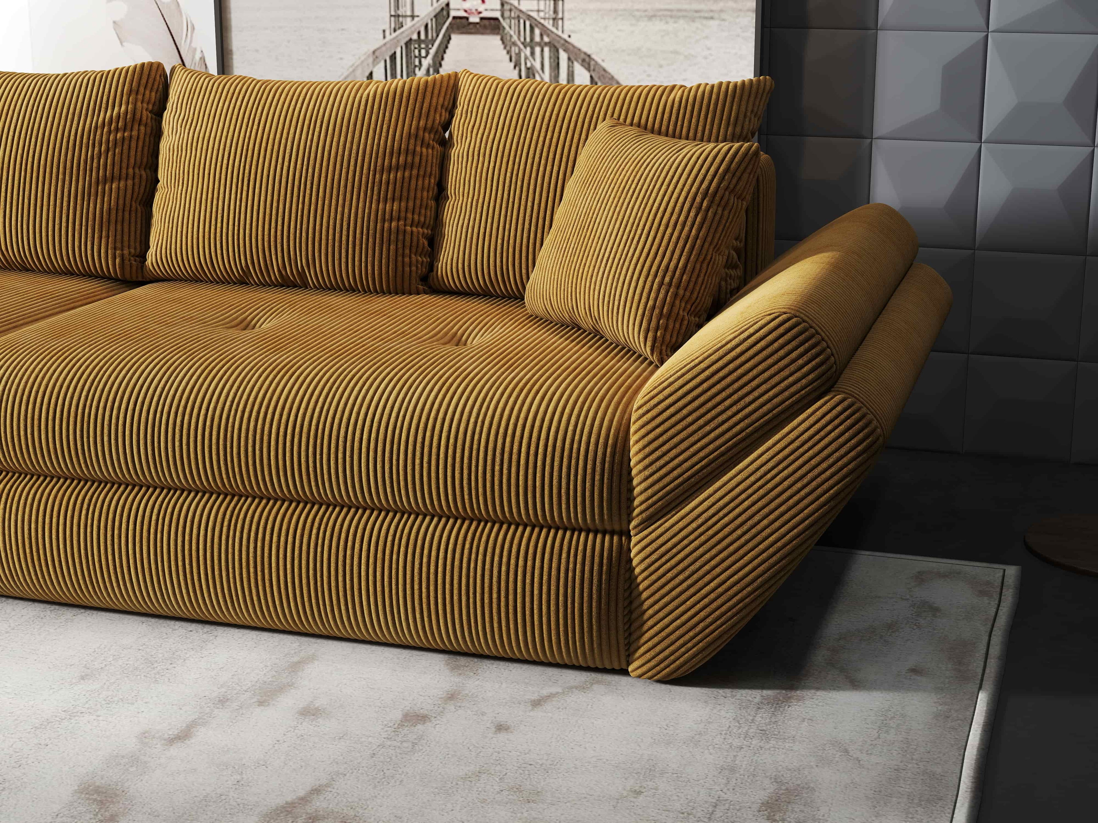 Canapea extensibilă dumonde cu ladă de depozitare si sezut confortabil din spuma high-density, Loana Zoom Mustar 300x100 cm