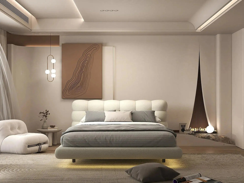 Pat dormitor dumonde, tapitat gri cu LED, "floating bed" Cloud 180x200 cm, somiera inclusa