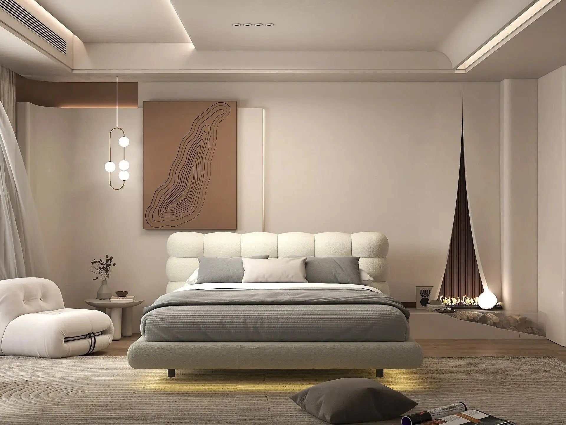 Pat dormitor dumonde, tapitat gri cu LED, "floating bed" Cloud 180x200 cm, somiera inclusa